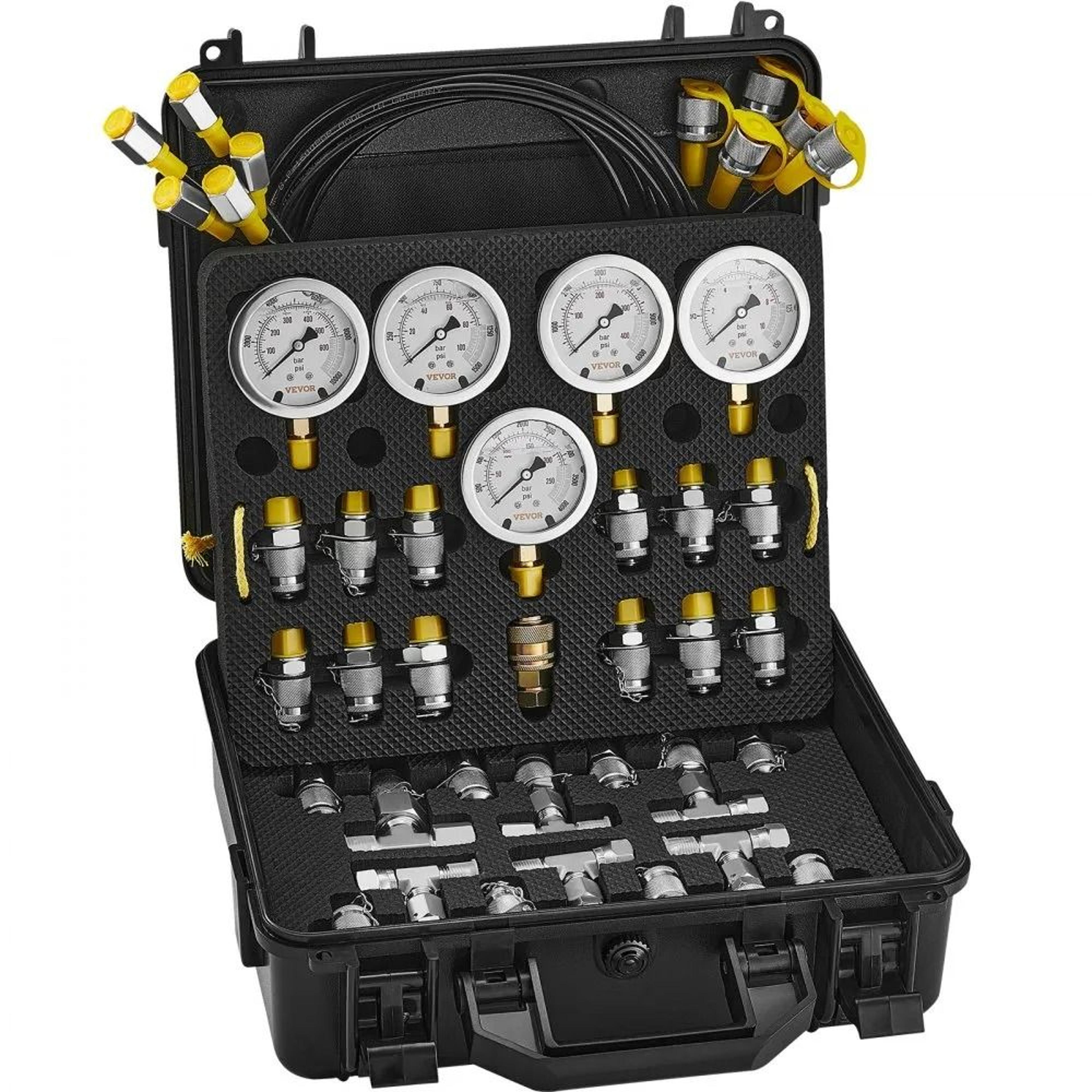 excavator hydraulic test gauge set, hydraulic pressure test kit, , gauges couplings tee connectors test hoses, portable