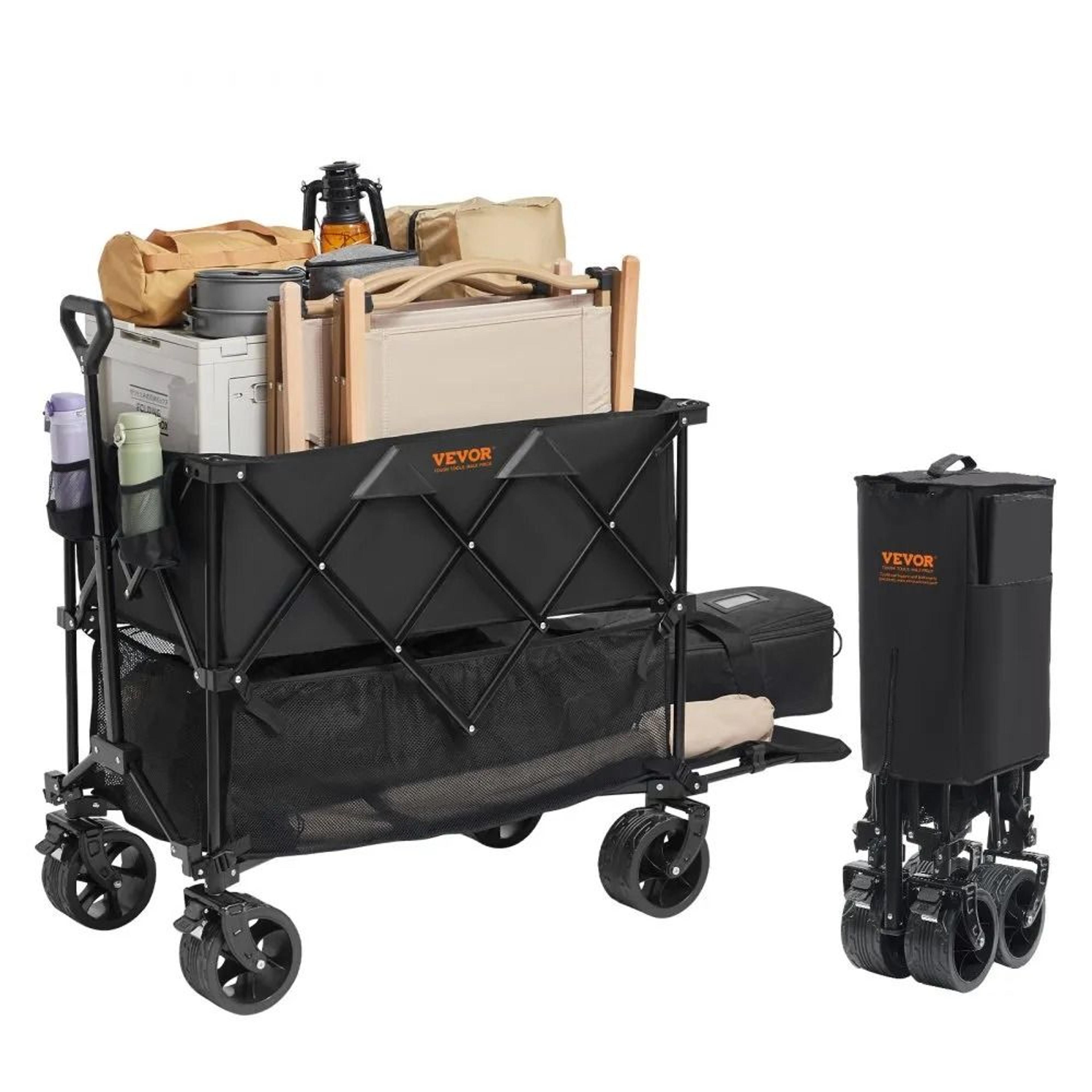 heavy duty folding wagon cart, foldable double decker wagon with all terrain wheels, collapsible wagon cart