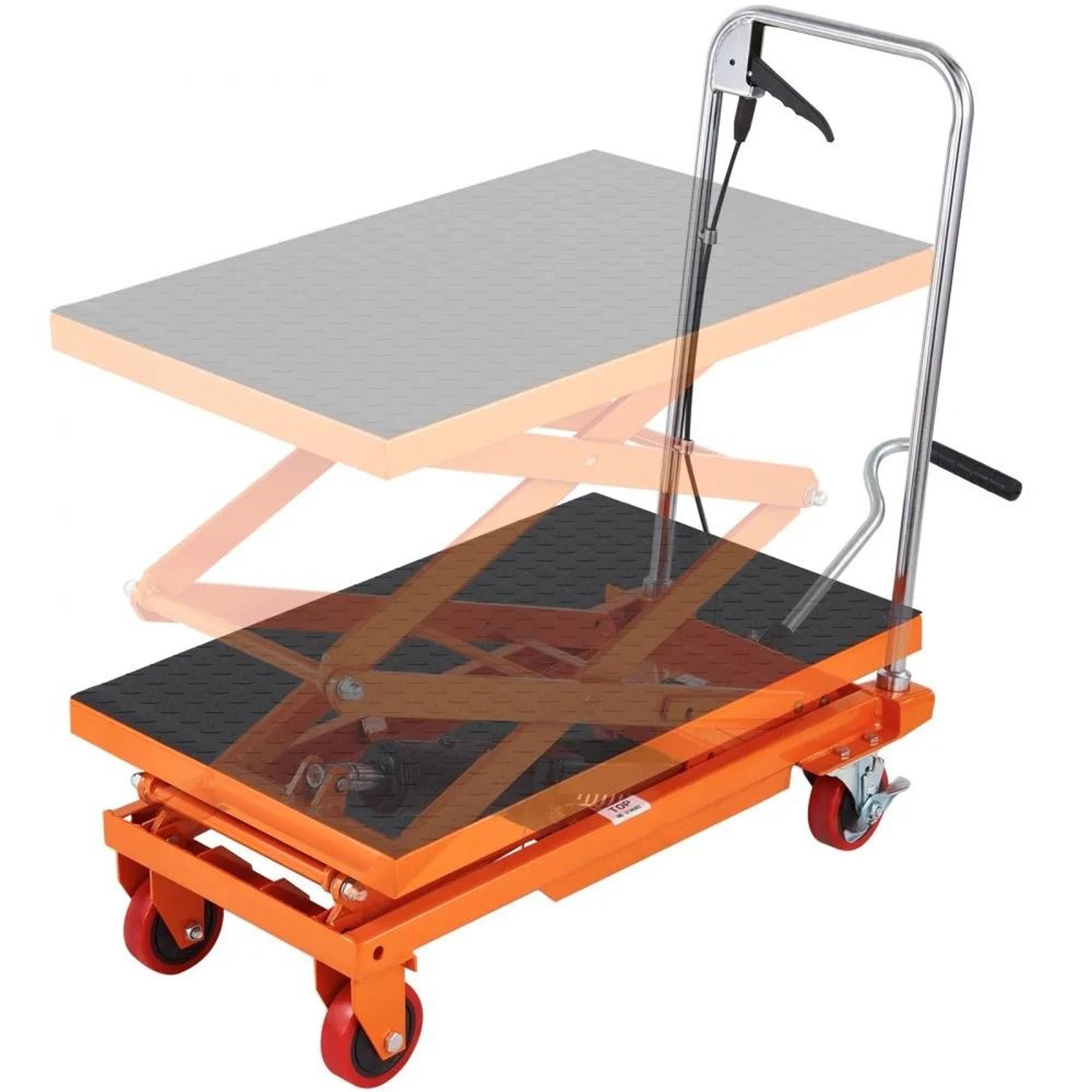 manual hydraulic scissor cart, high capacity lift table with lifting height, wheels and non slip pad