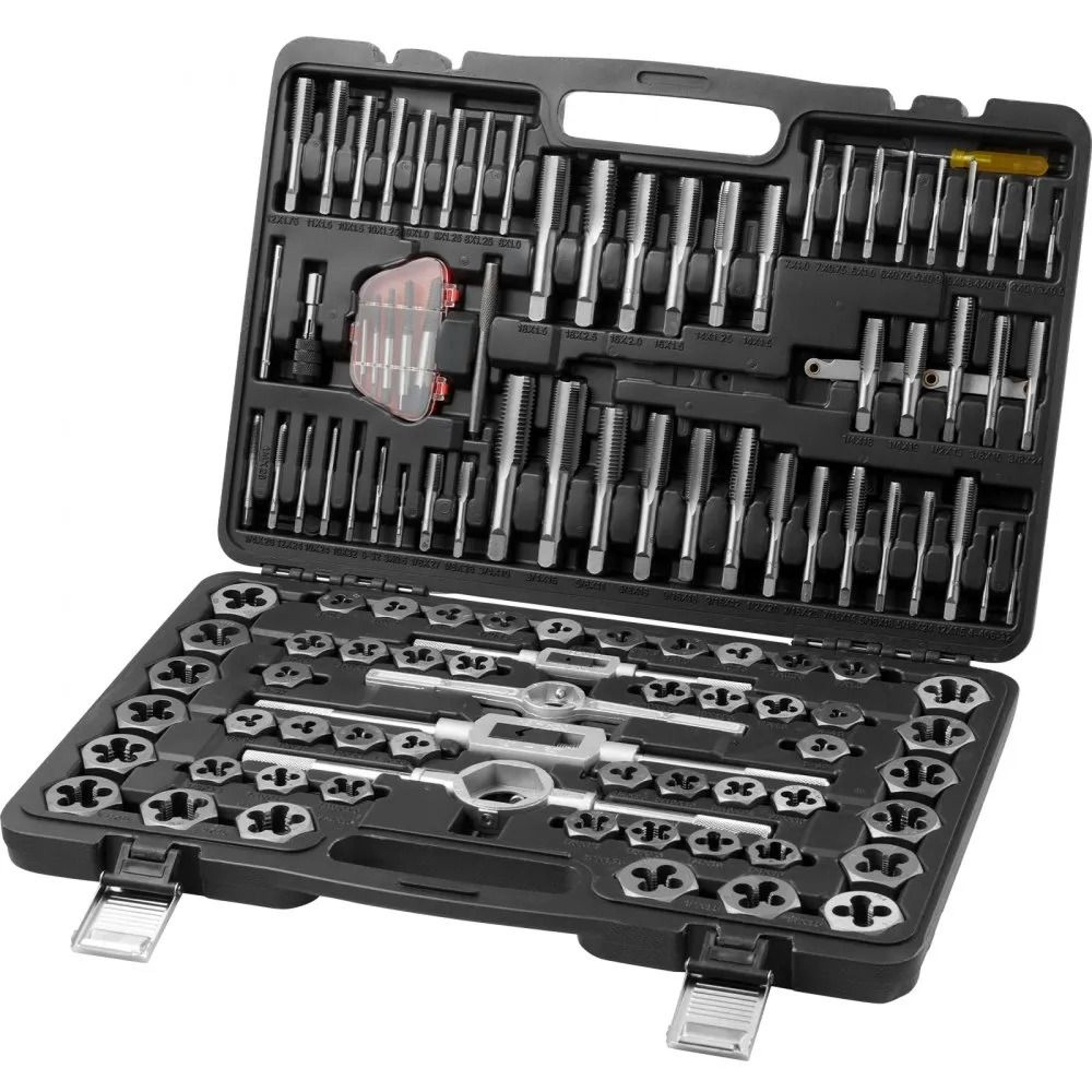 tap and die set, essential threading tool, metric and sae size, bearing steel taps and dies, complete accessories