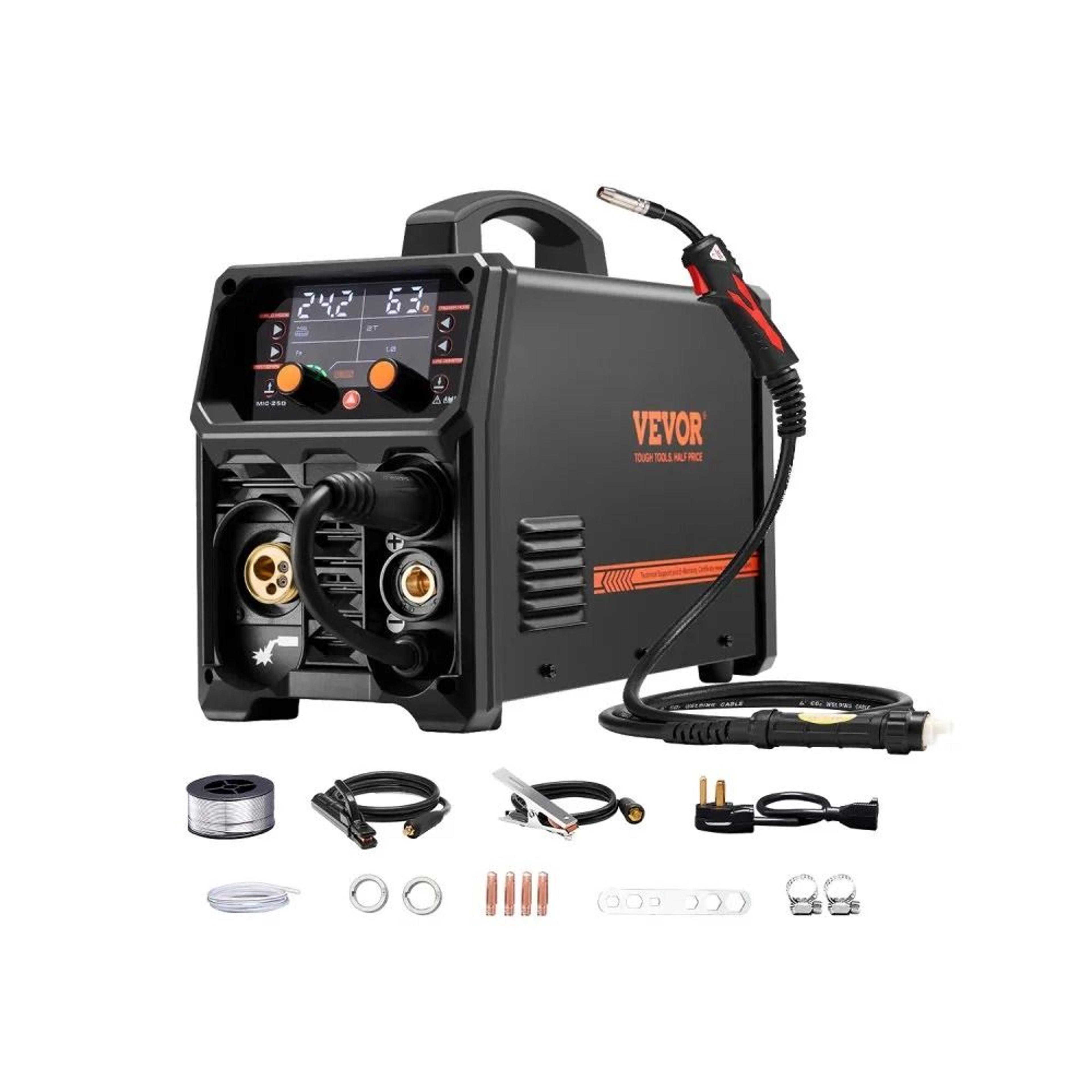mig welding machine, pro synergic welder, dual voltage aluminum mig, flux core, stick, lift tig welder with lcd screen