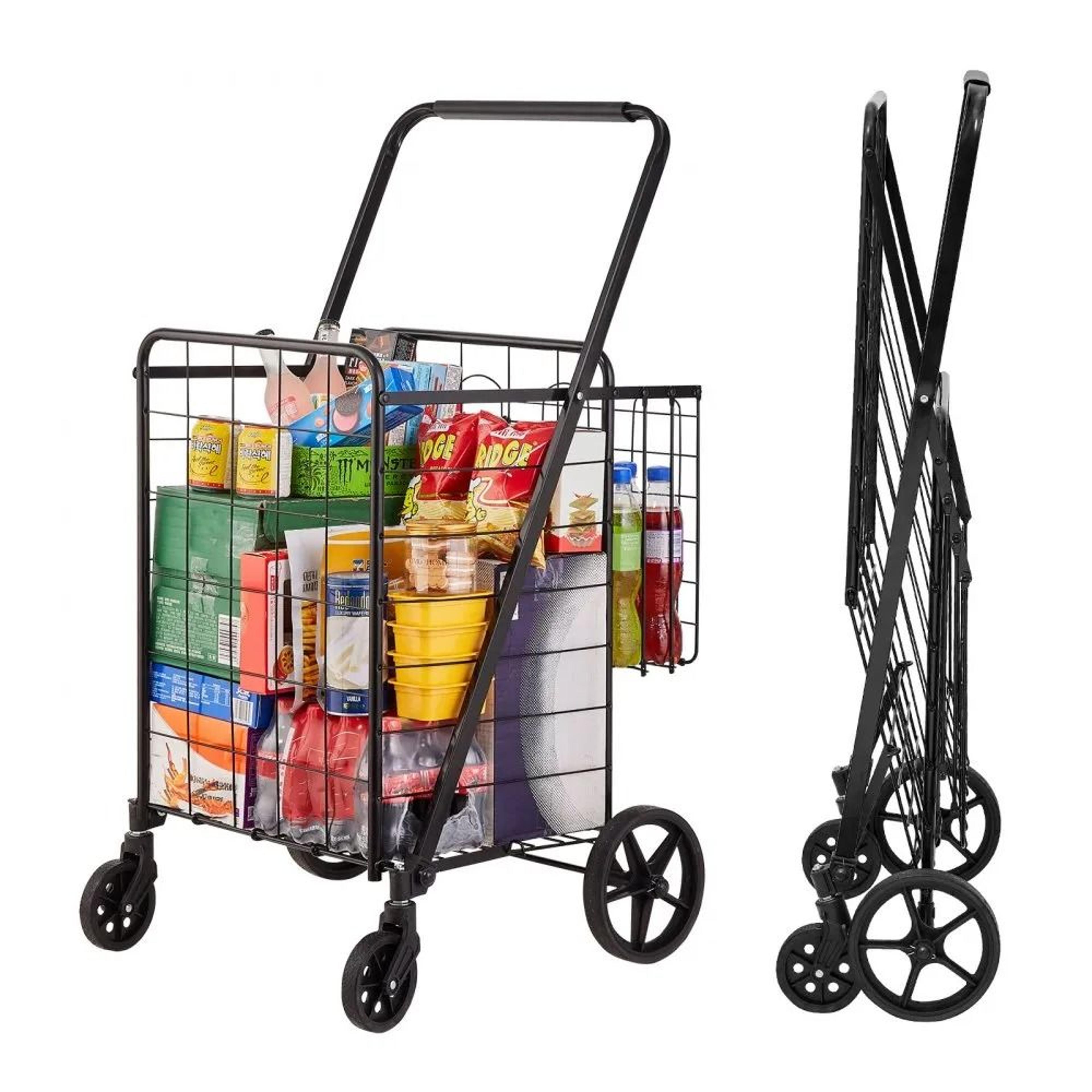 heavy duty folding shopping cart, large capacity jumbo grocery cart with dual baskets, 360 swivel wheels utility cart