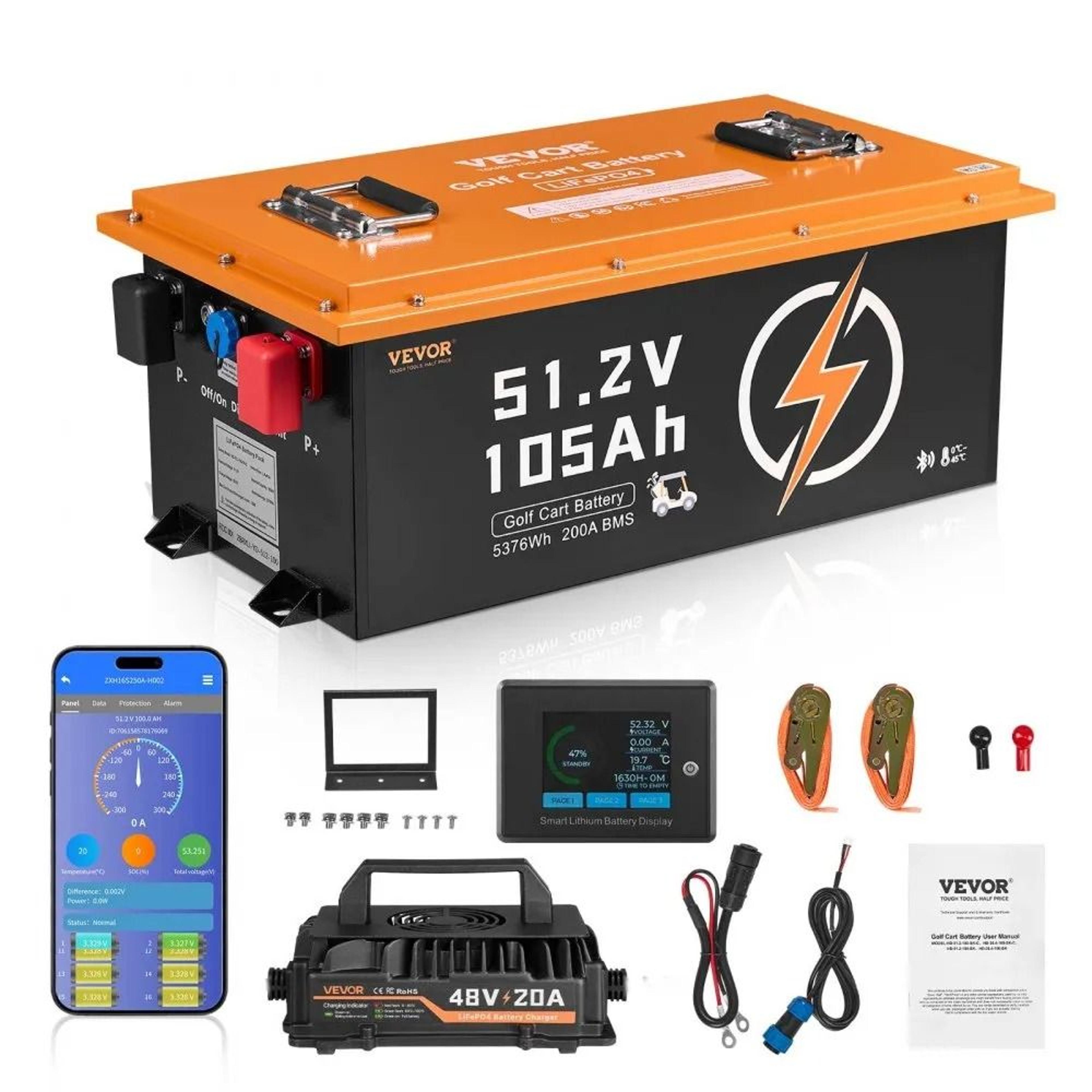 golf cart battery with bms, lifepo4 battery, fast charger, touch monitor and app control, plus cycle