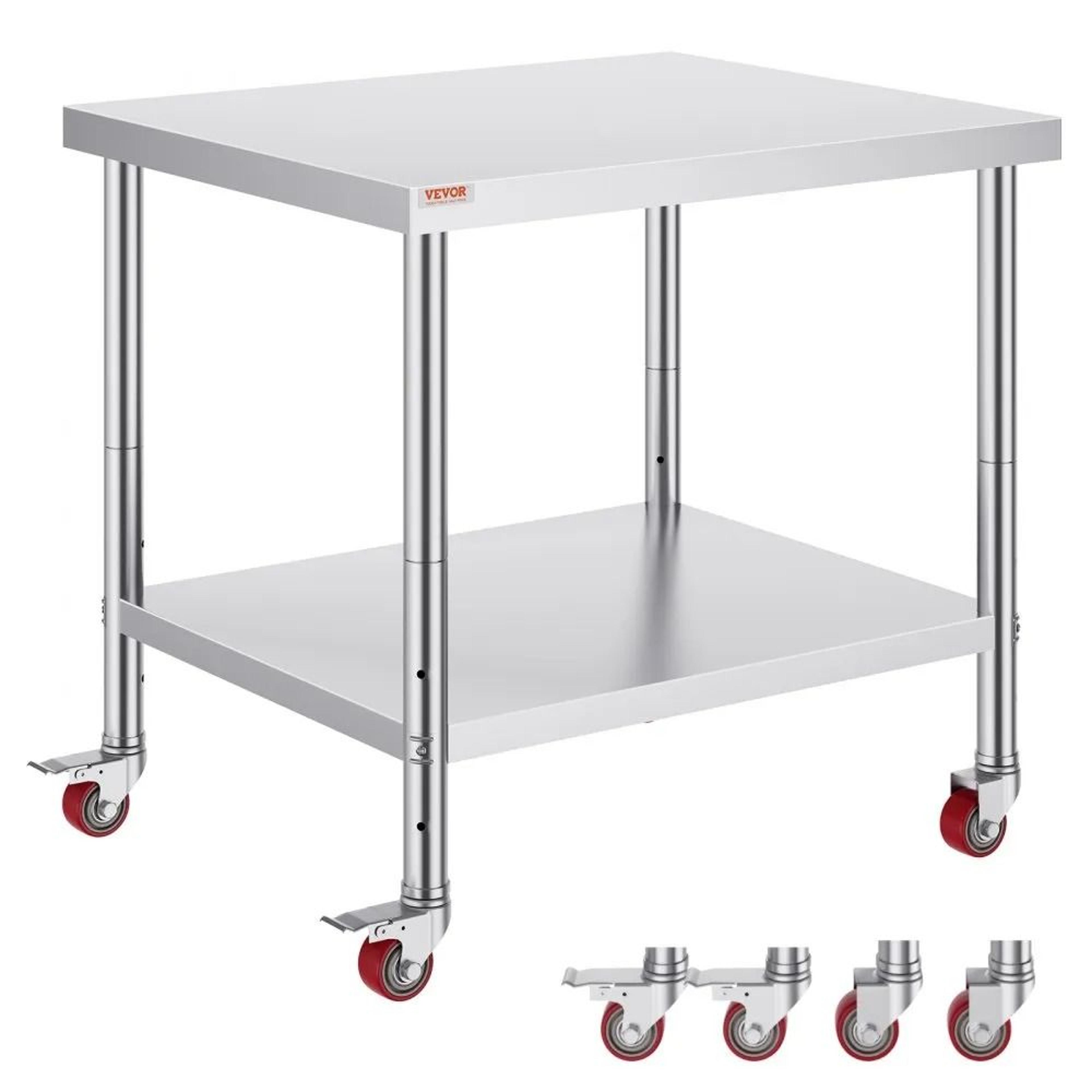 heavy duty stainless steel work table, high lbs load, commercial prep table, adjustable shelf levels, rolling kitchen