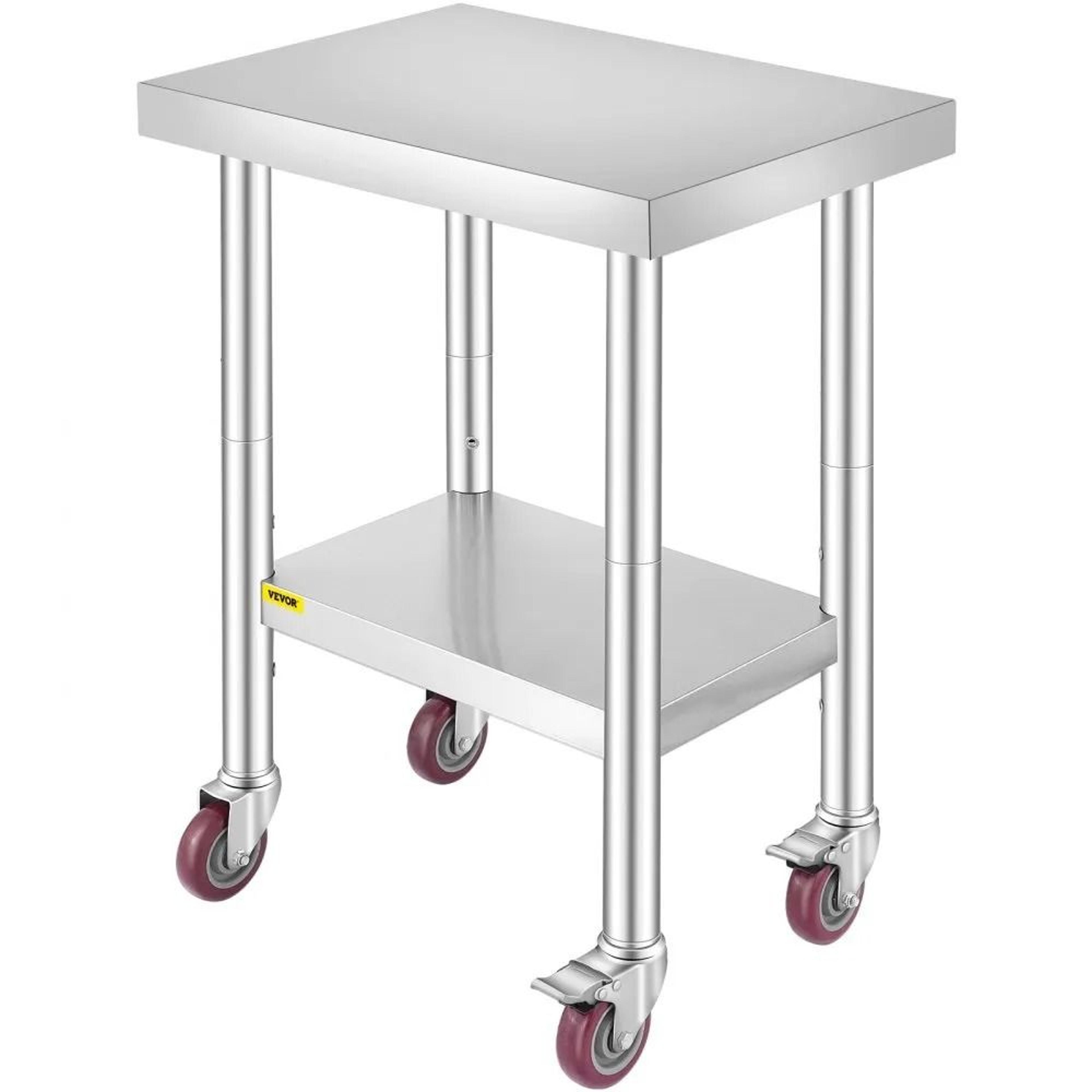 heavy duty stainless steel work table, food prep worktable, adjustable height levels, high lbs capacity, 4 wheels