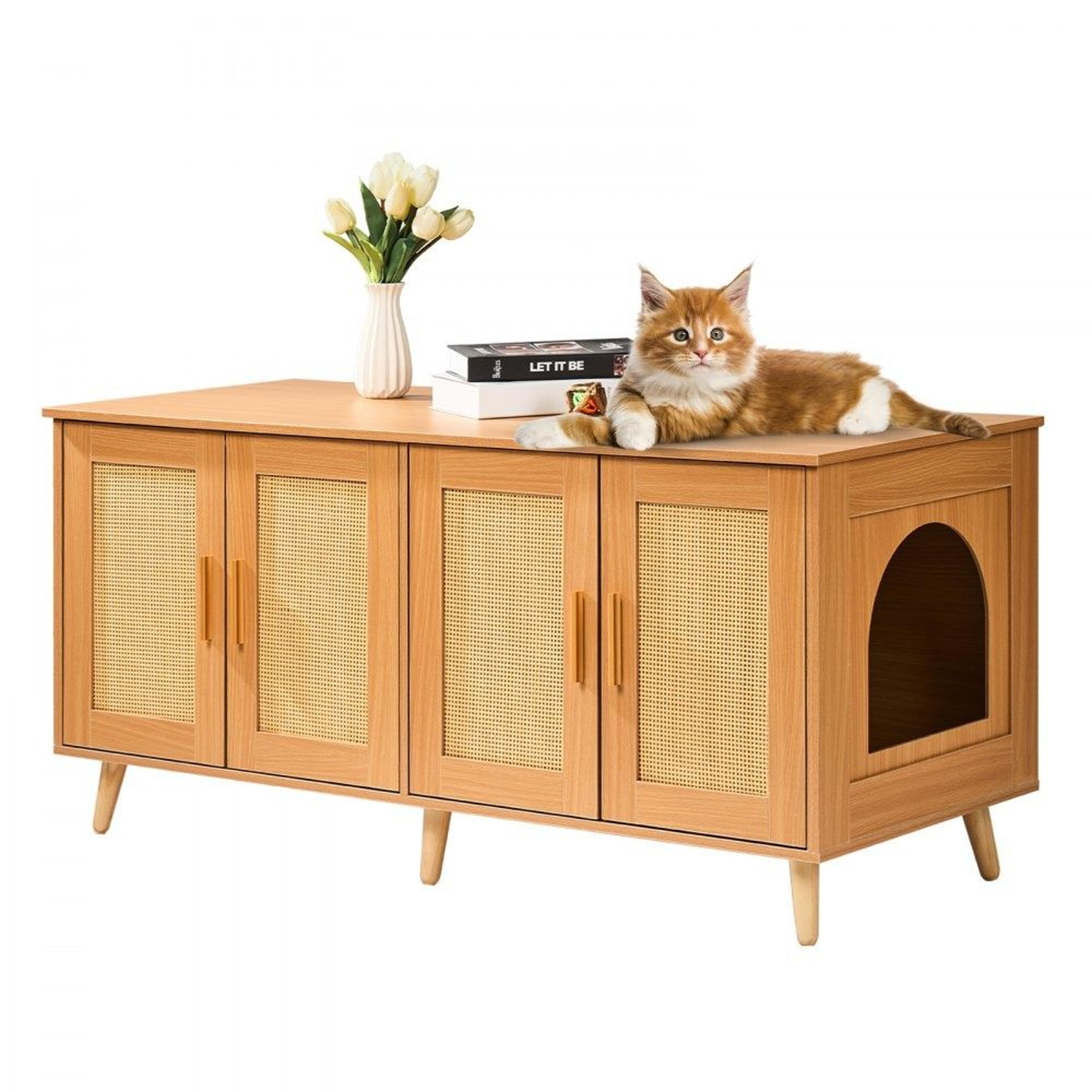 hidden cat litter box enclosure furniture cabinet with rattan doors for 2 cats