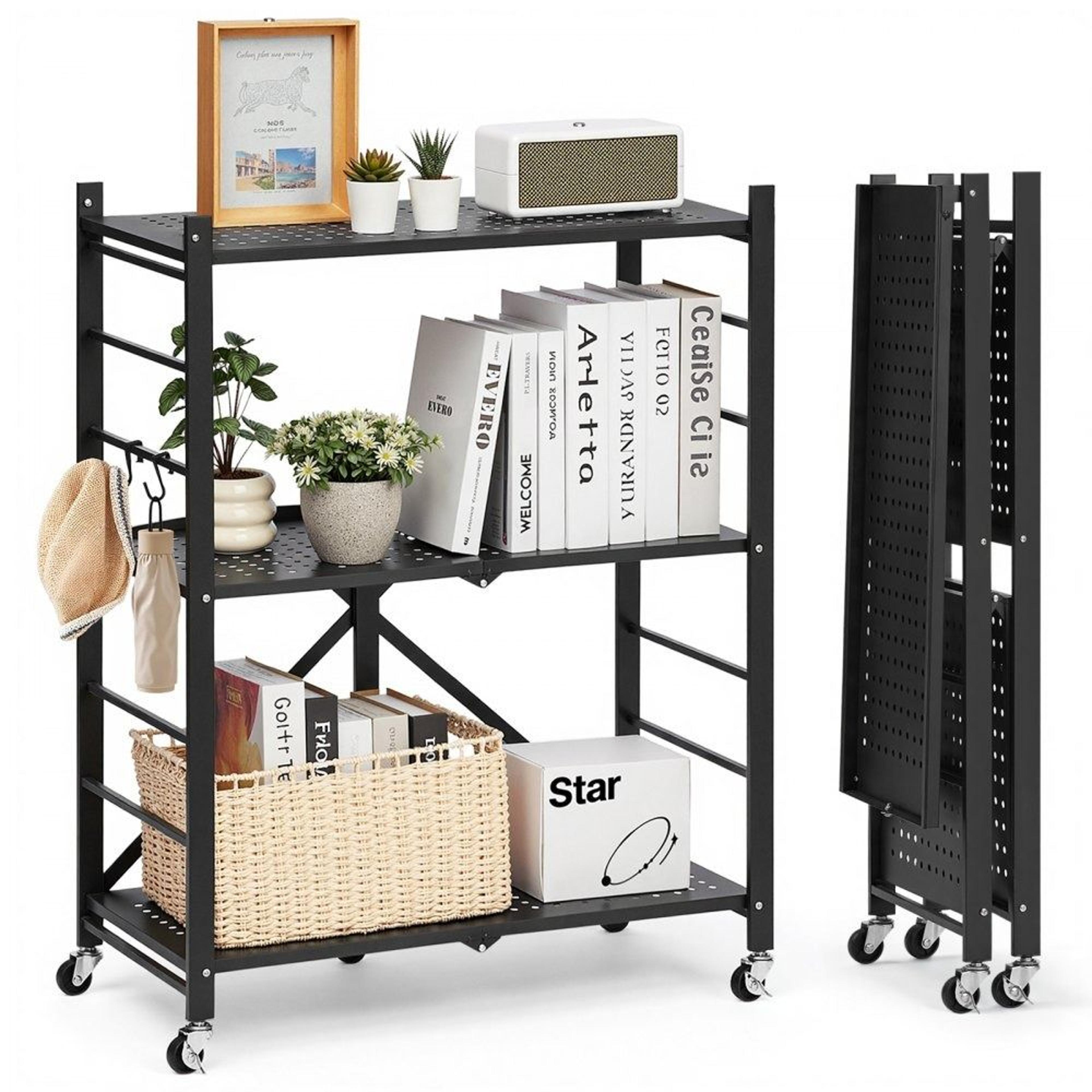3 tier foldable storage shelf with wheels portable metal rack