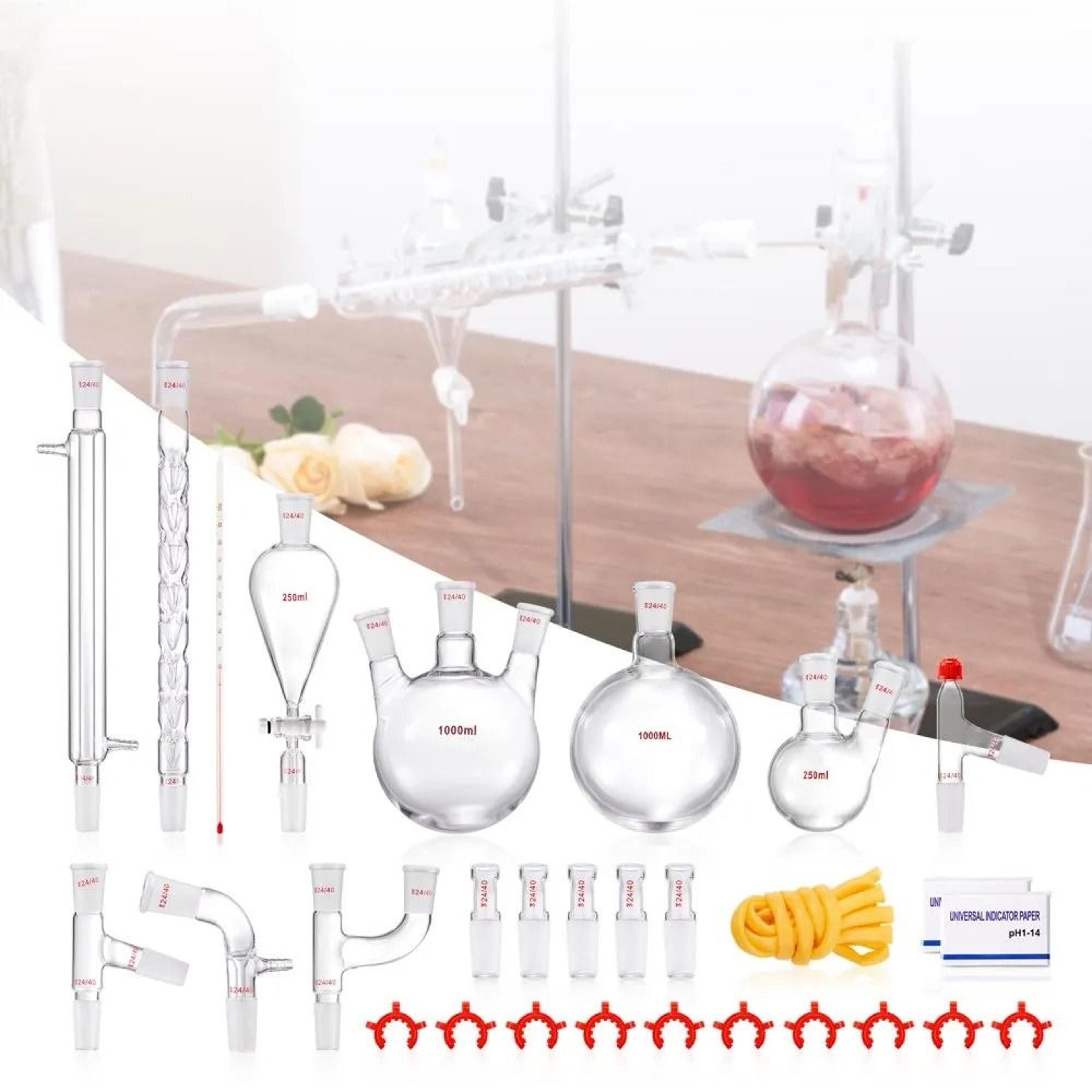 1000ml lab distillation kit with 3.3 borosilicate glass 24/40 joints and 29 piece glassware set