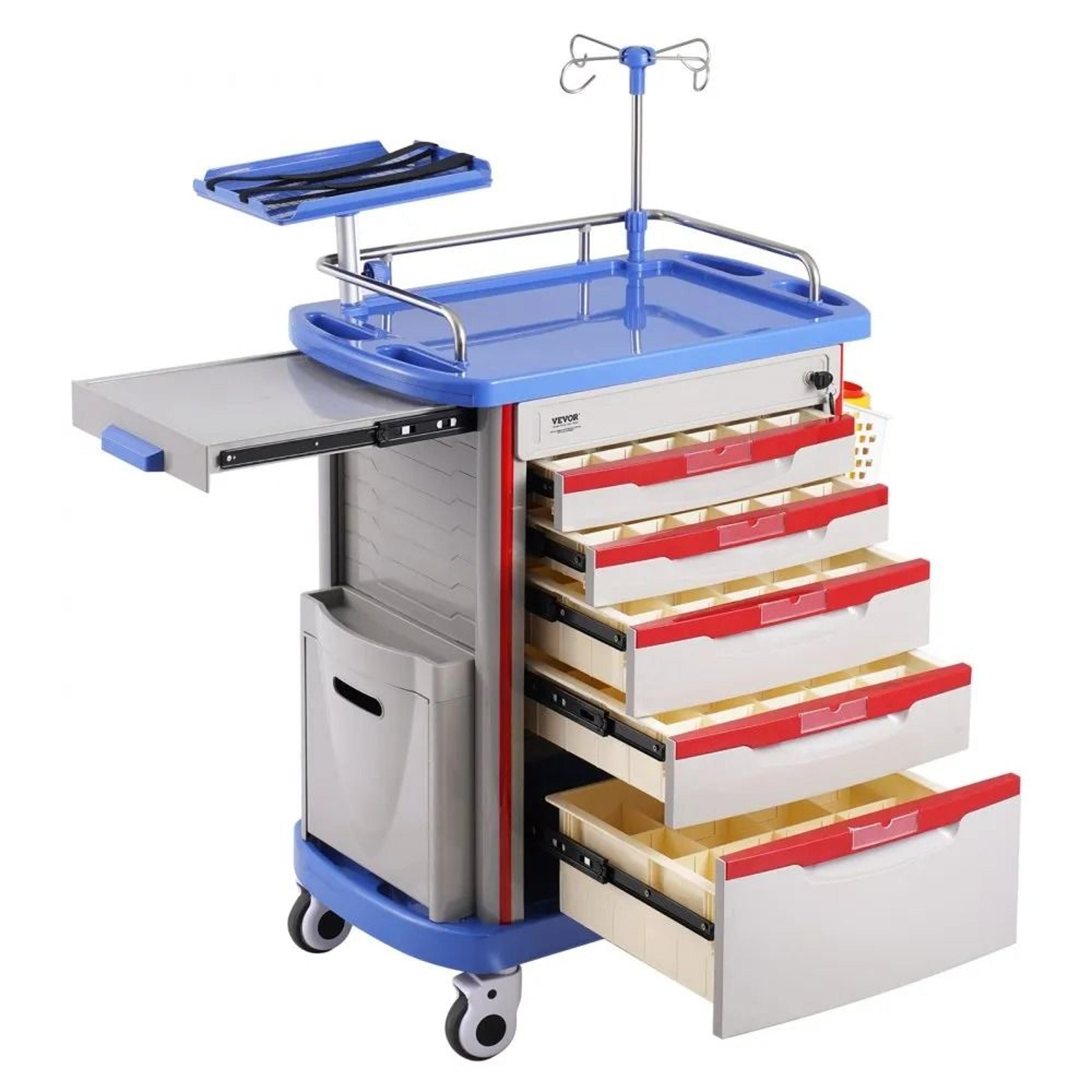 heavy duty medical cart with 5 drawers silent wheels and organized storage