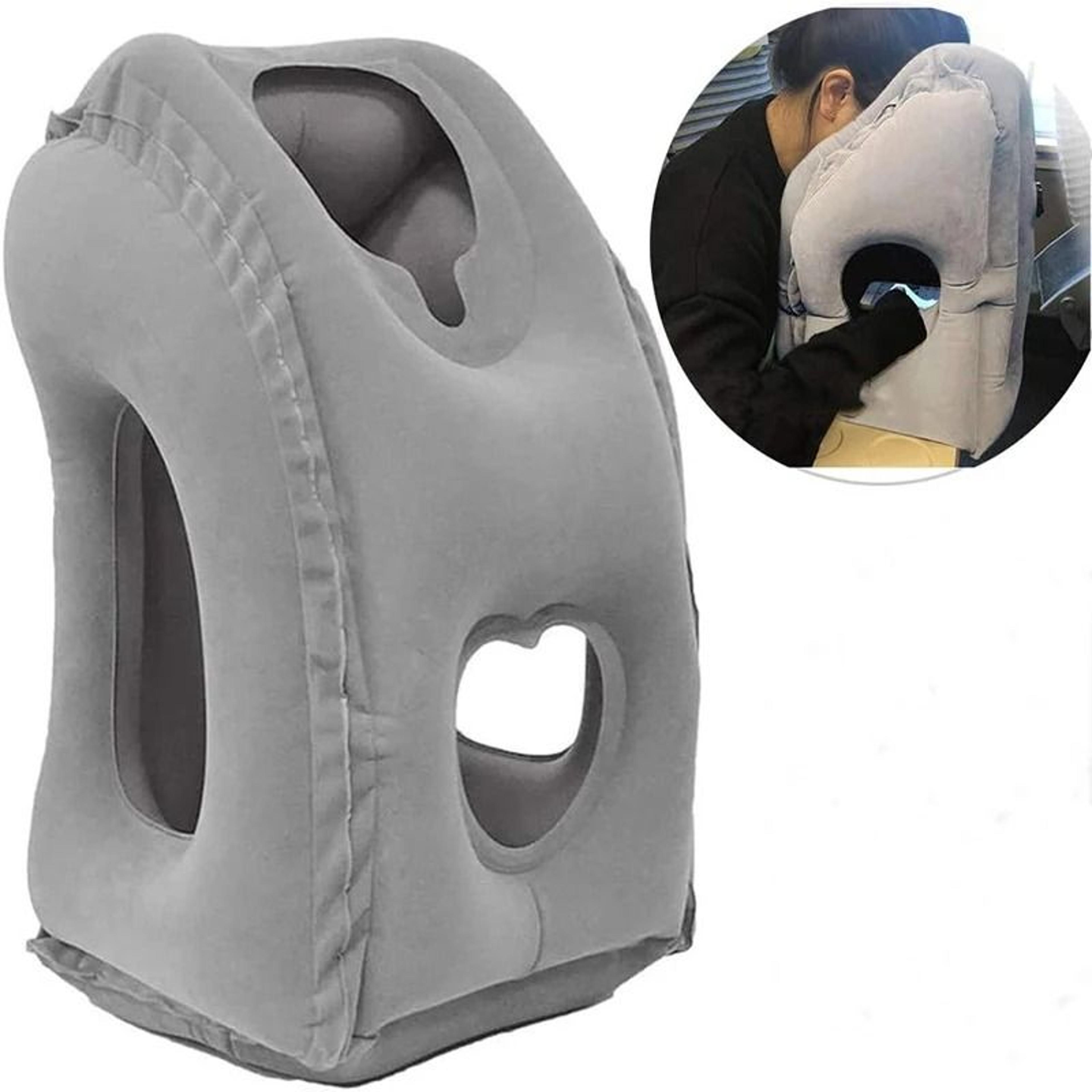 inflatable travel pillow with chin support for neck rest in car plane or office