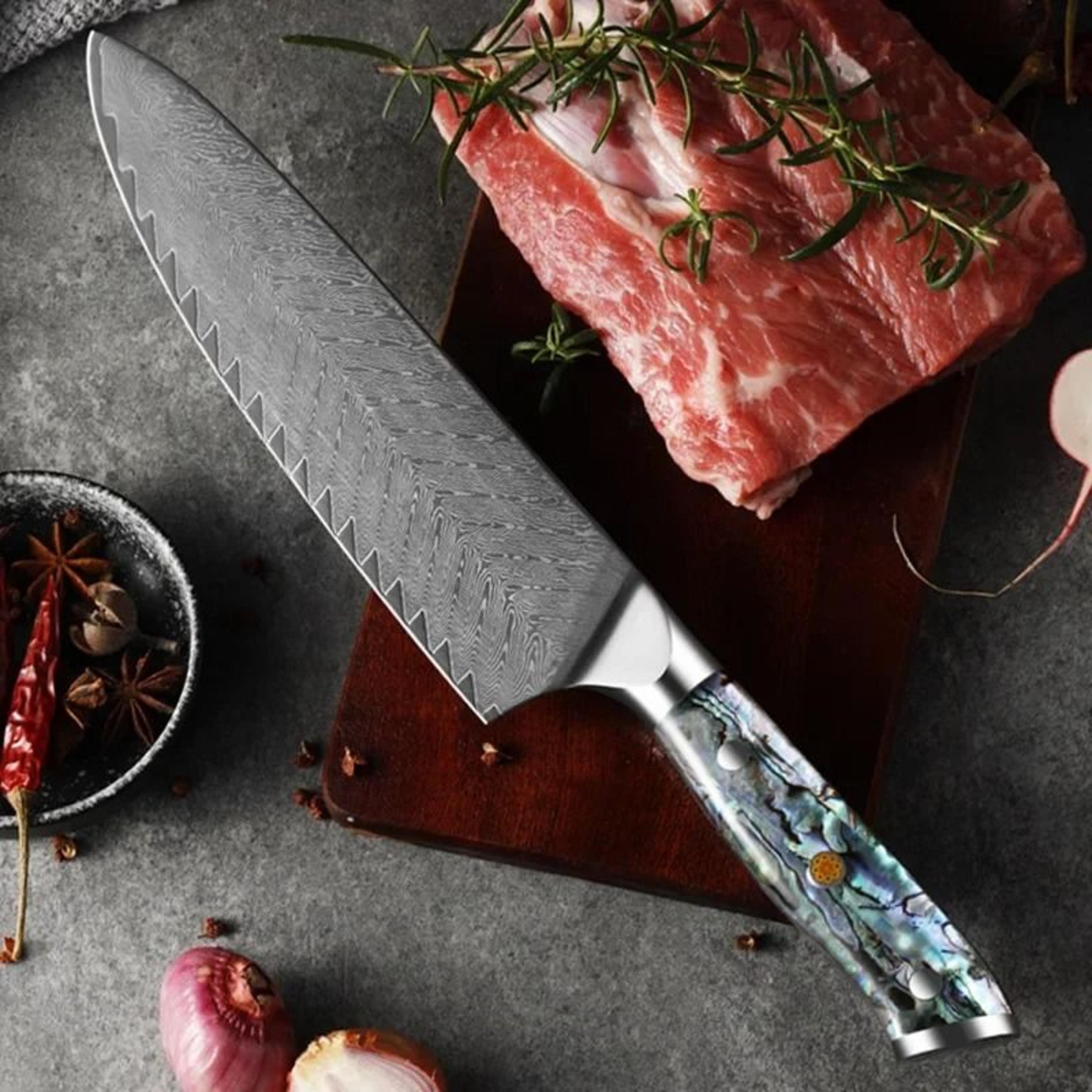 8 inch damascus steel chef knife with abalone shell handle professional kitchen blade