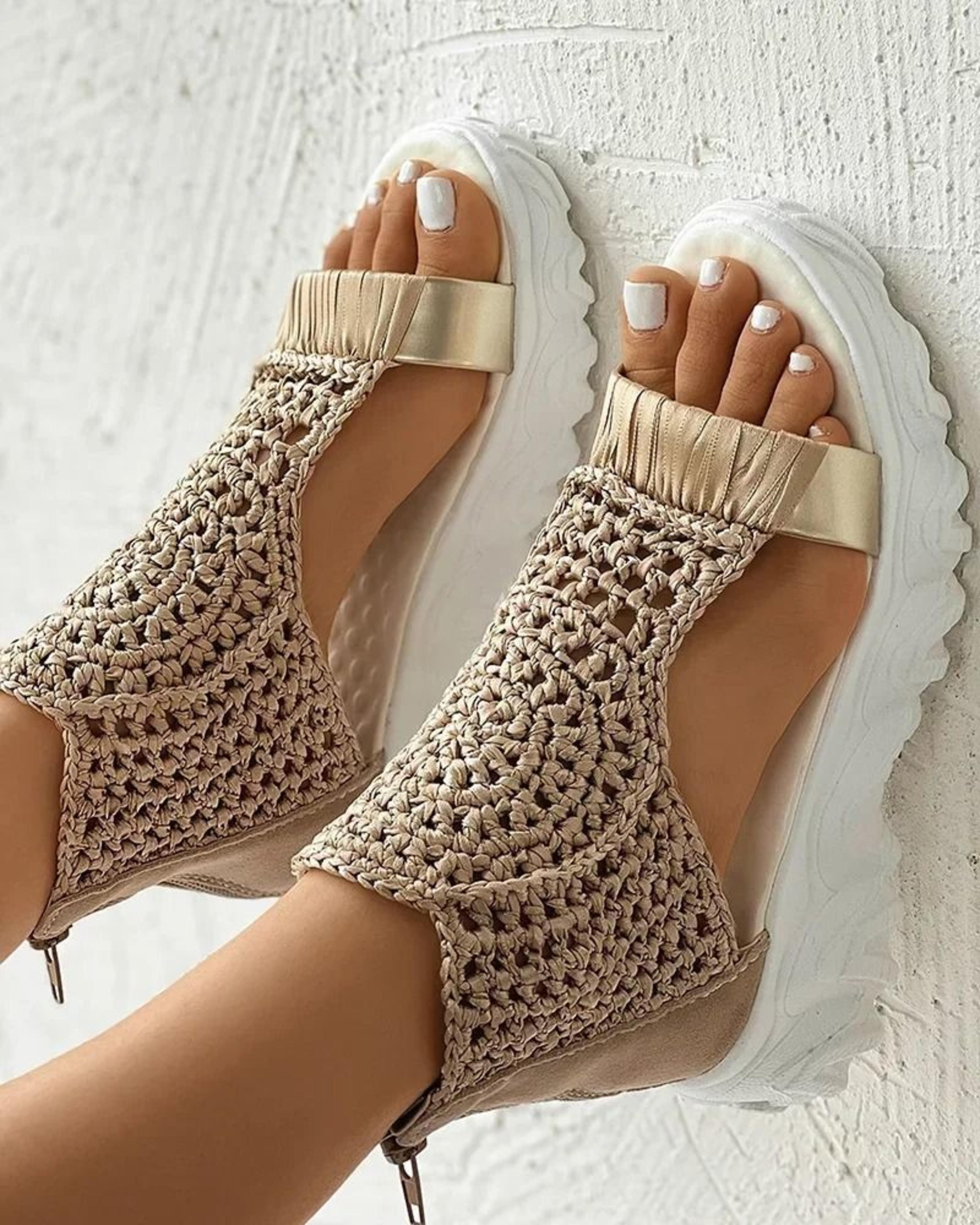 womens gold knitted summer sandals with braided elastic design and flat mesh sole