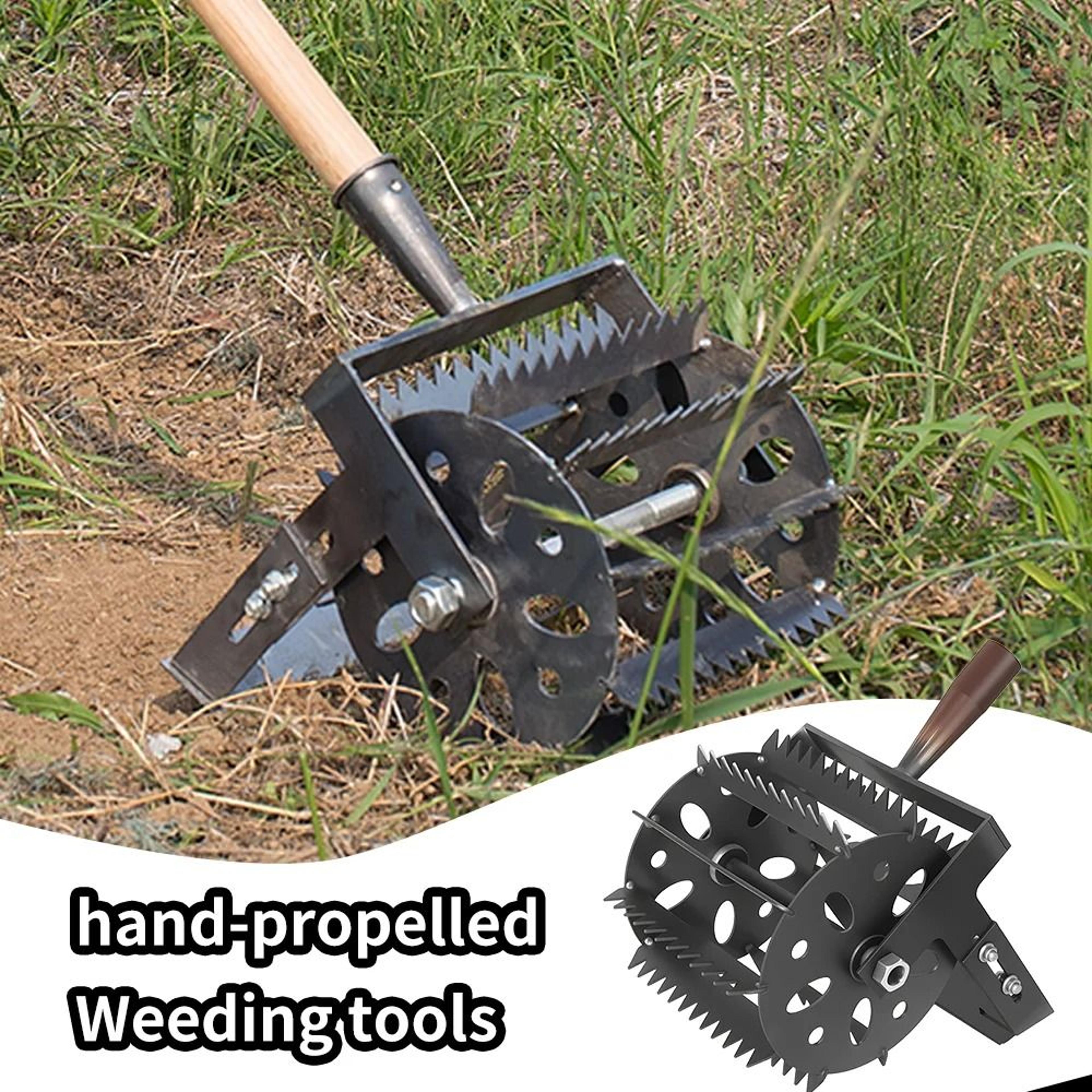 wheeled hand push garden weeder with saw tooth blade for fast weed removal and soil loosening
