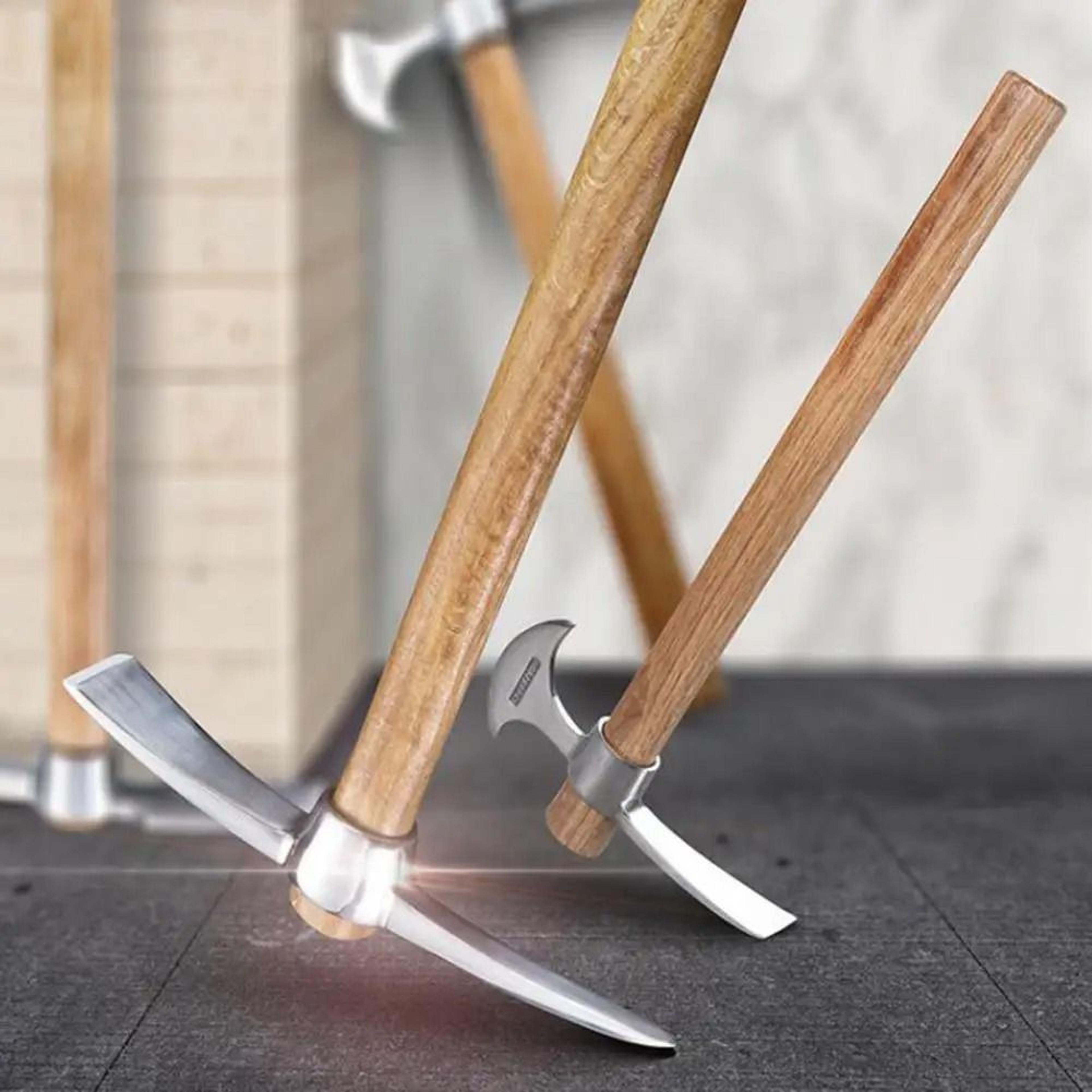 double headed pickaxe with wooden handle for gardening and soil loosening