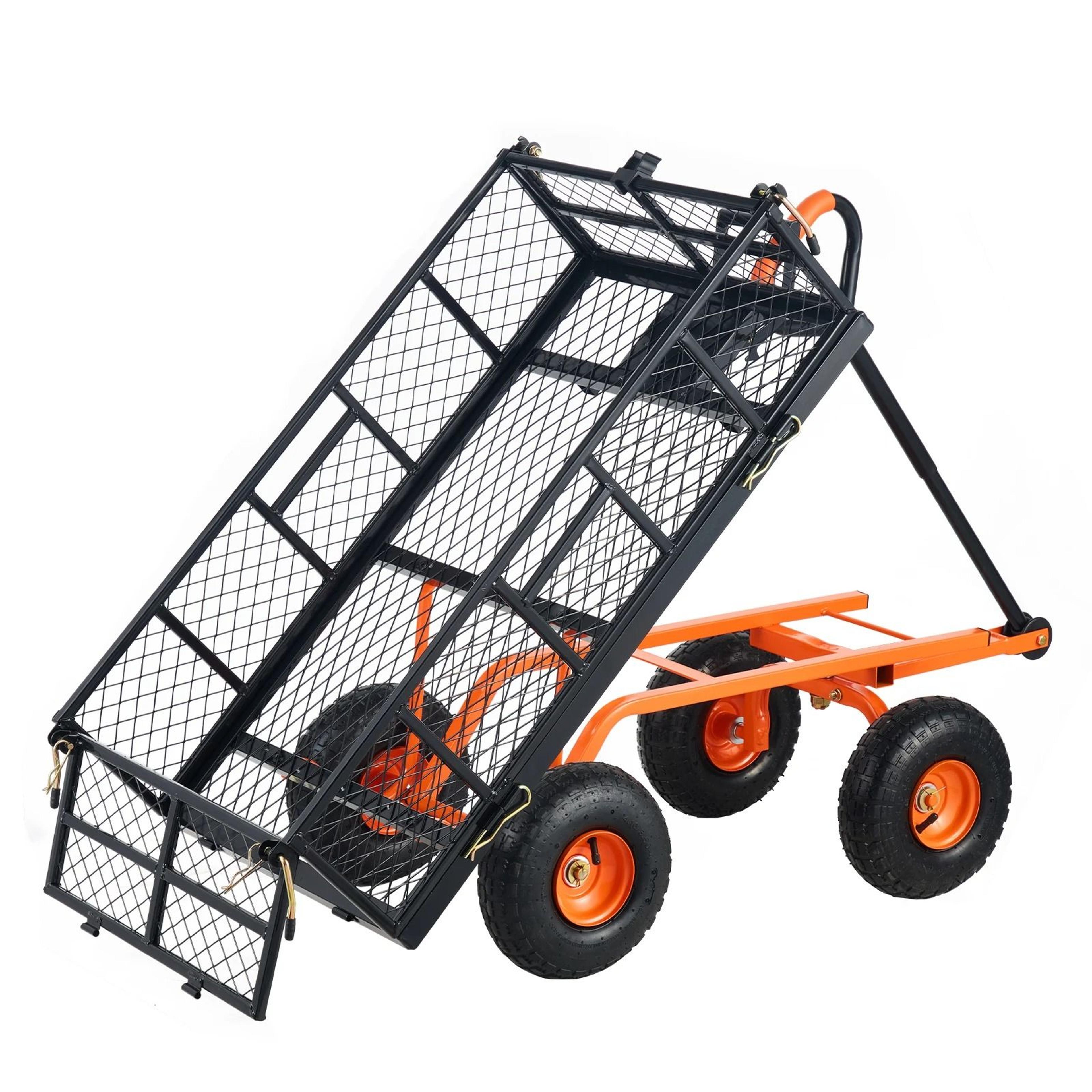 heavy duty metal garden utility cart with dump feature and high load capacity