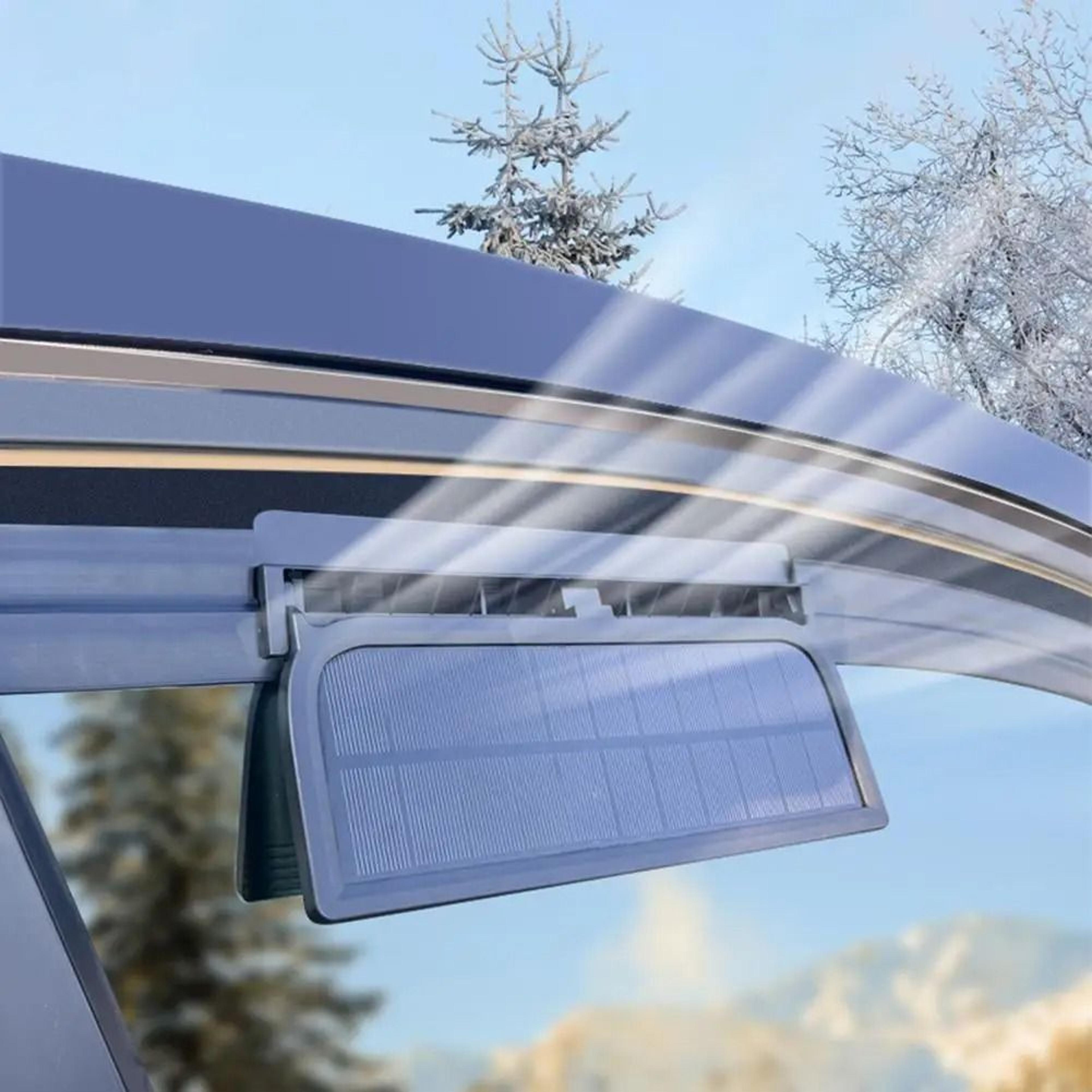 solar powered car cooling fan with three ventilation outlets for interior ventilation