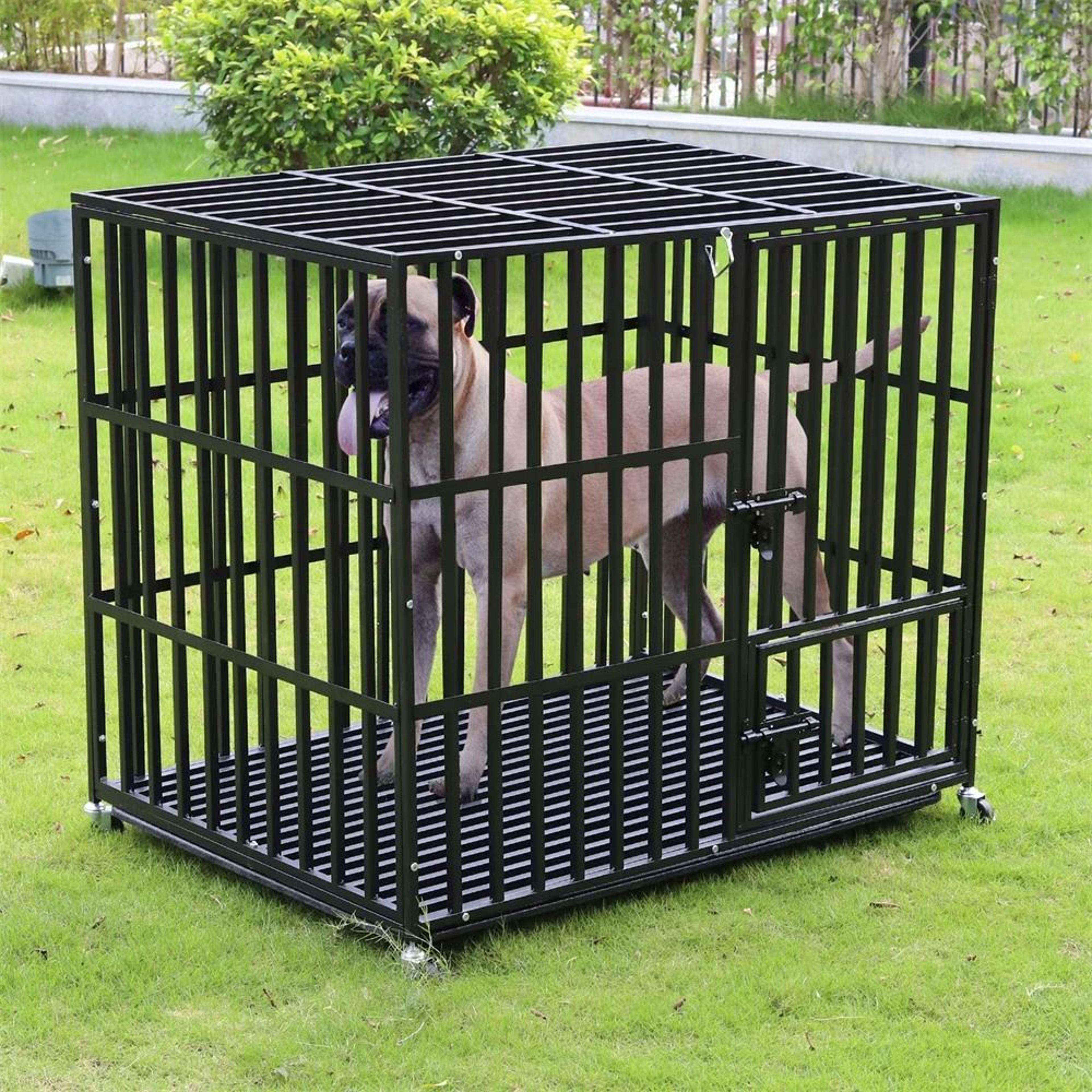 heavy duty metal dog crate with lockable wheels and tray