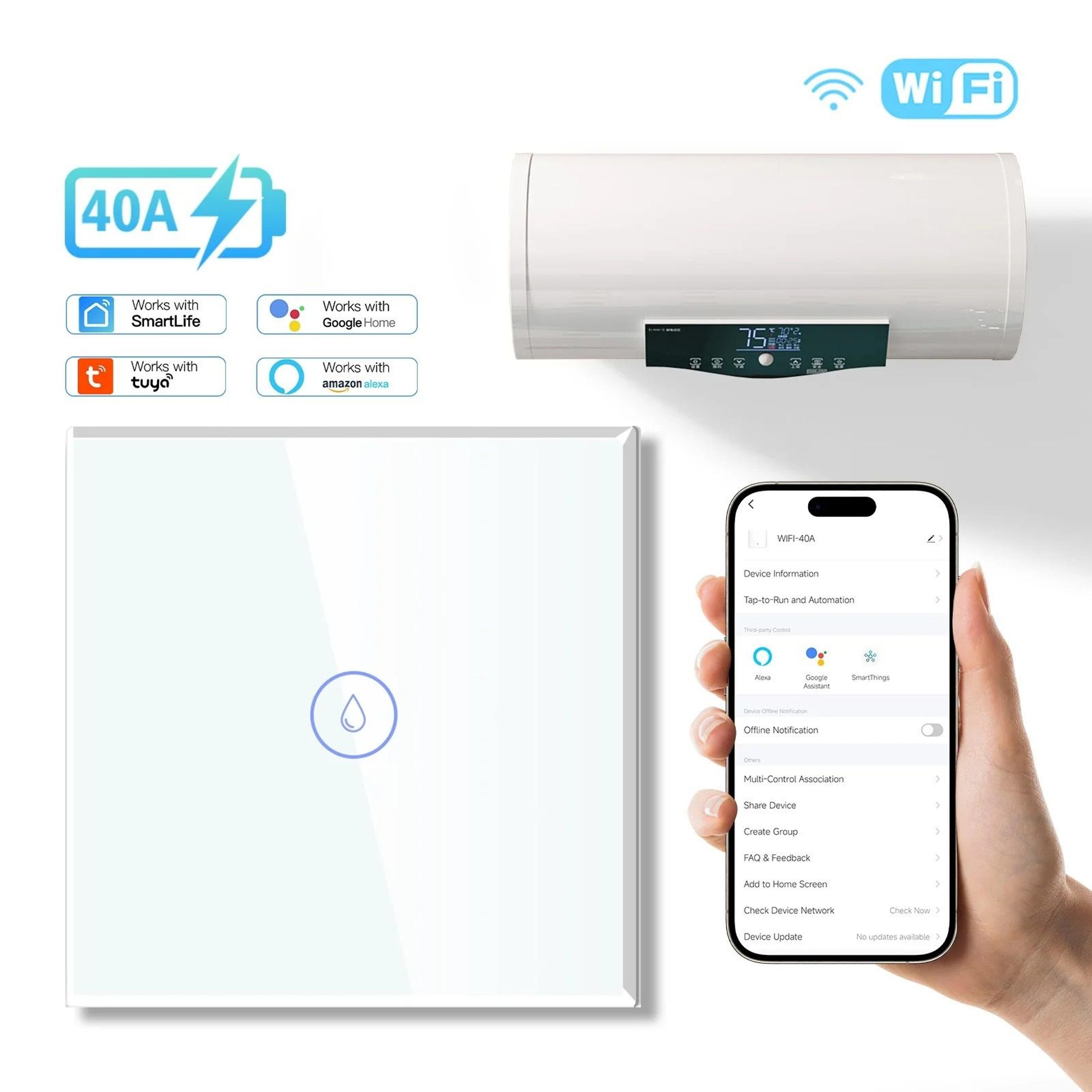 smart wall switch for wifi controlled water heater with voice and app control