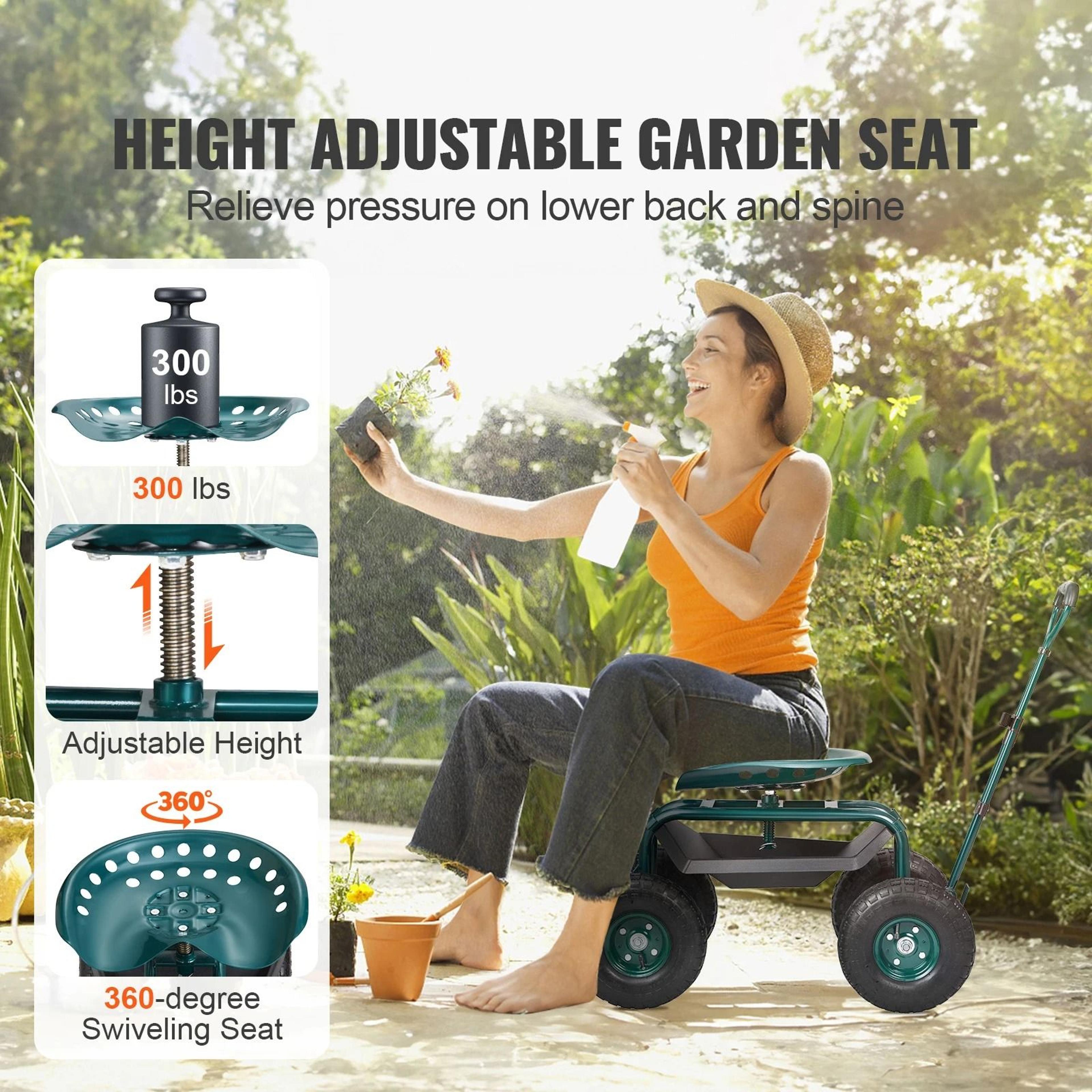 rolling garden work seat with swivel seat and steering handle