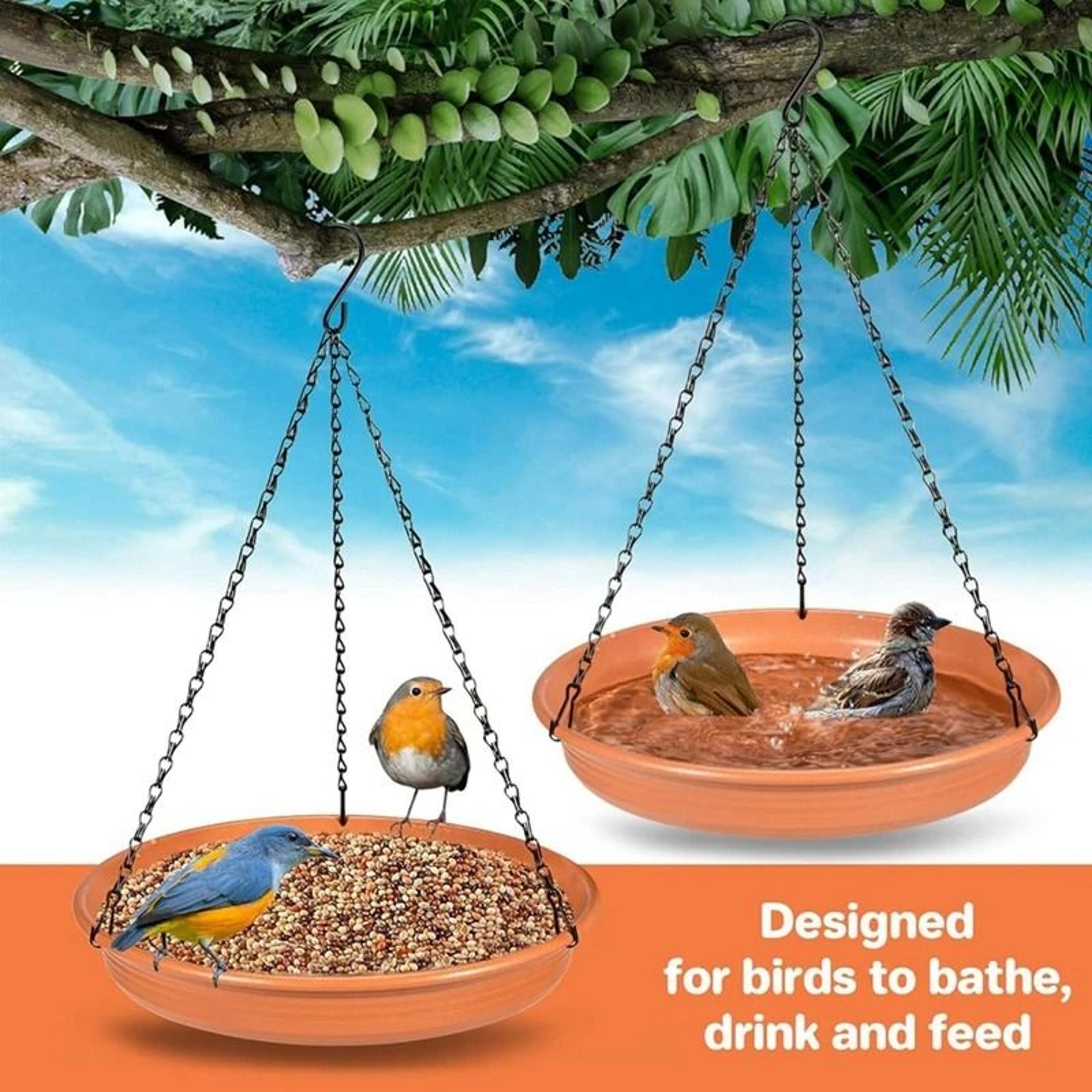 hanging outdoor bird feeder and water bath tray