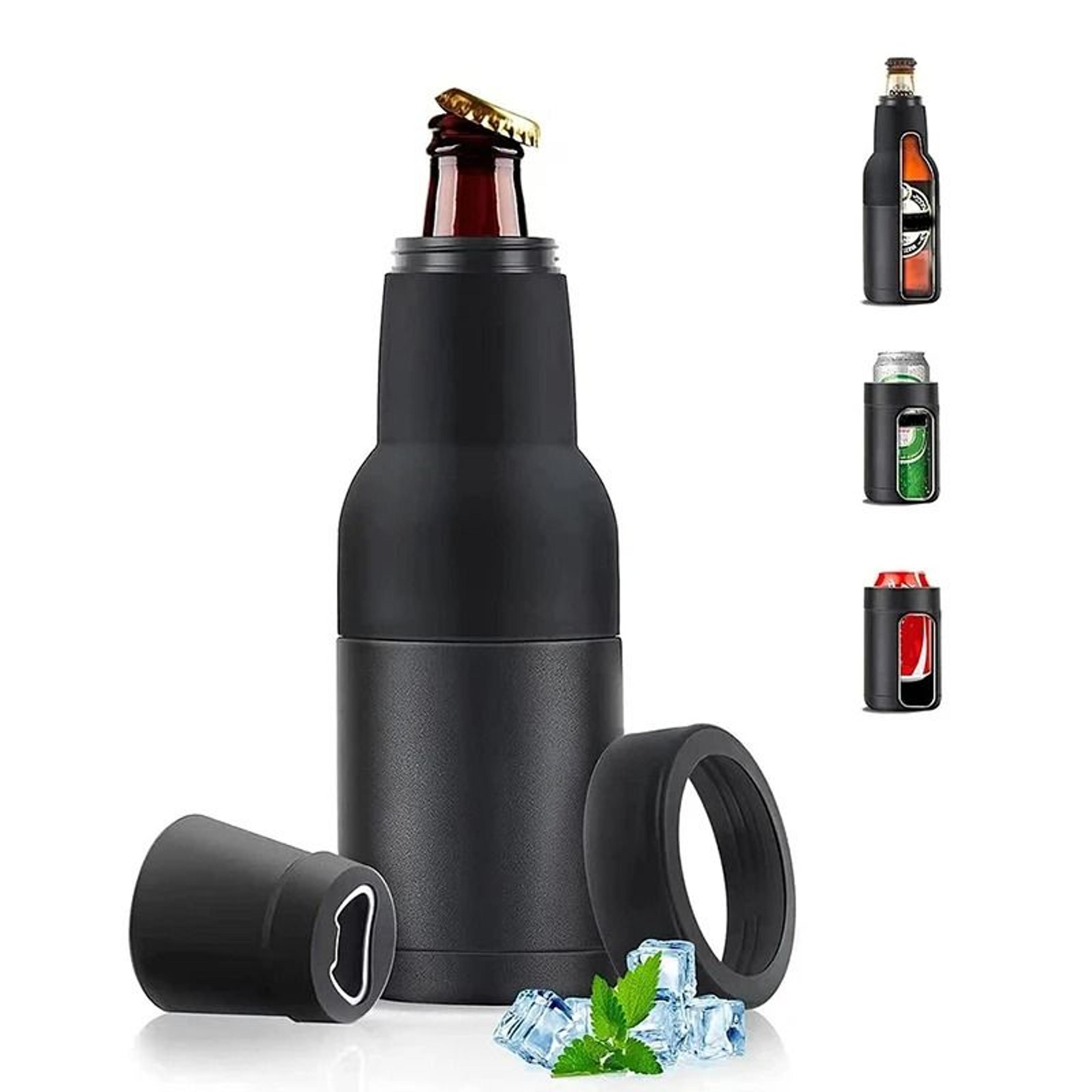 insulated stainless steel drink can cooler with built in opener