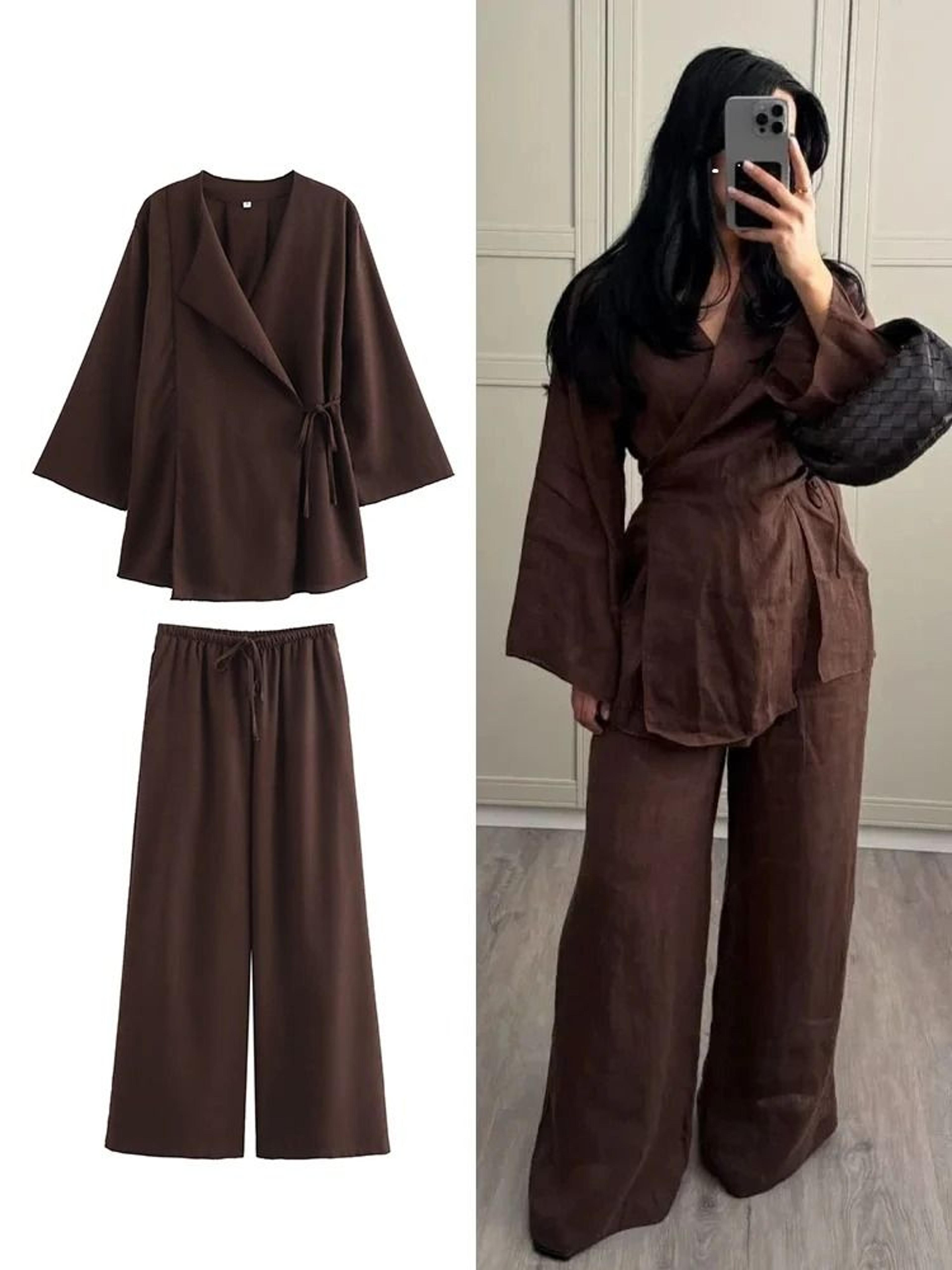 womens kimono style two piece outfit with lace up top and wide leg pants