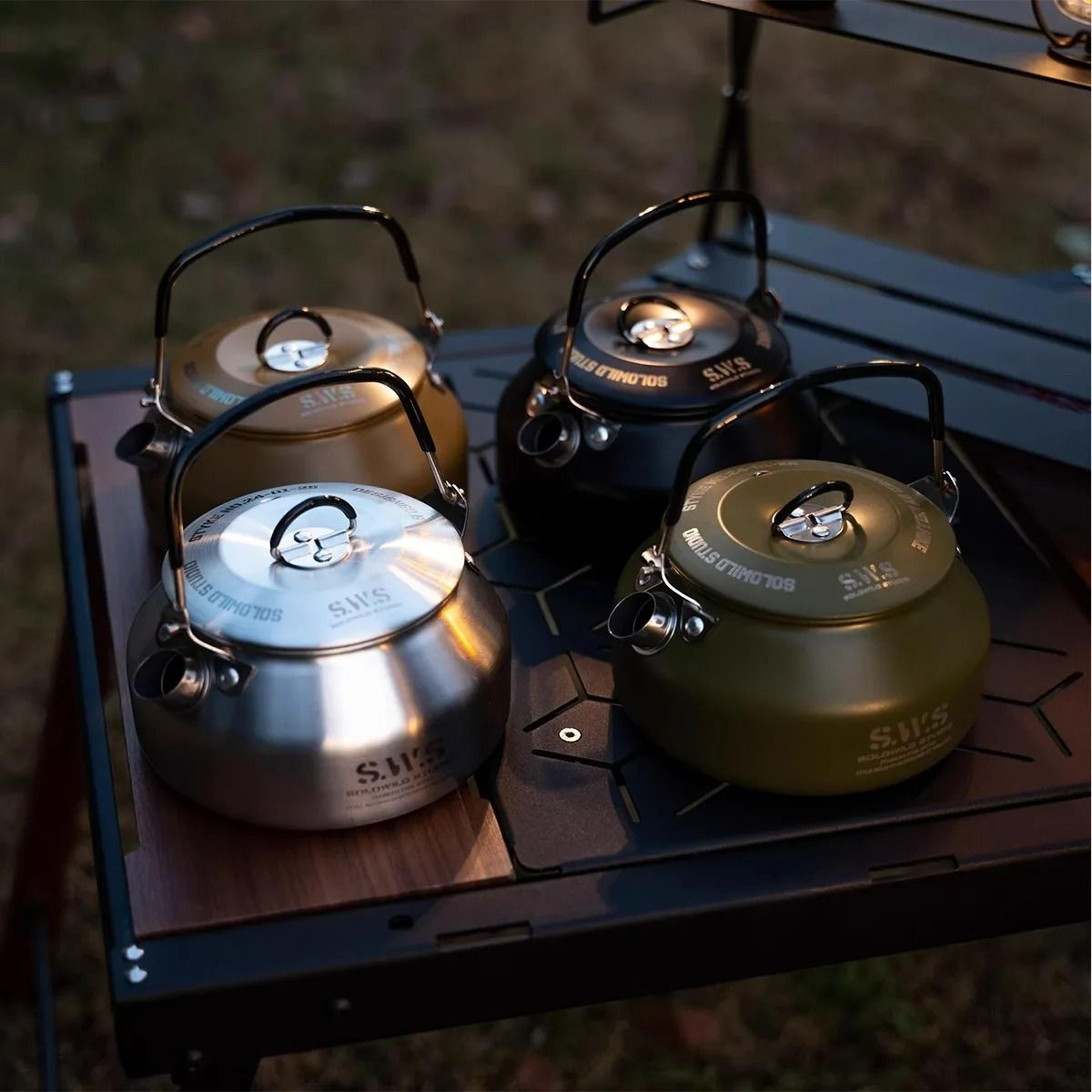 portable outdoor camping kettle with optional spout and complete hiking coffee tea sets