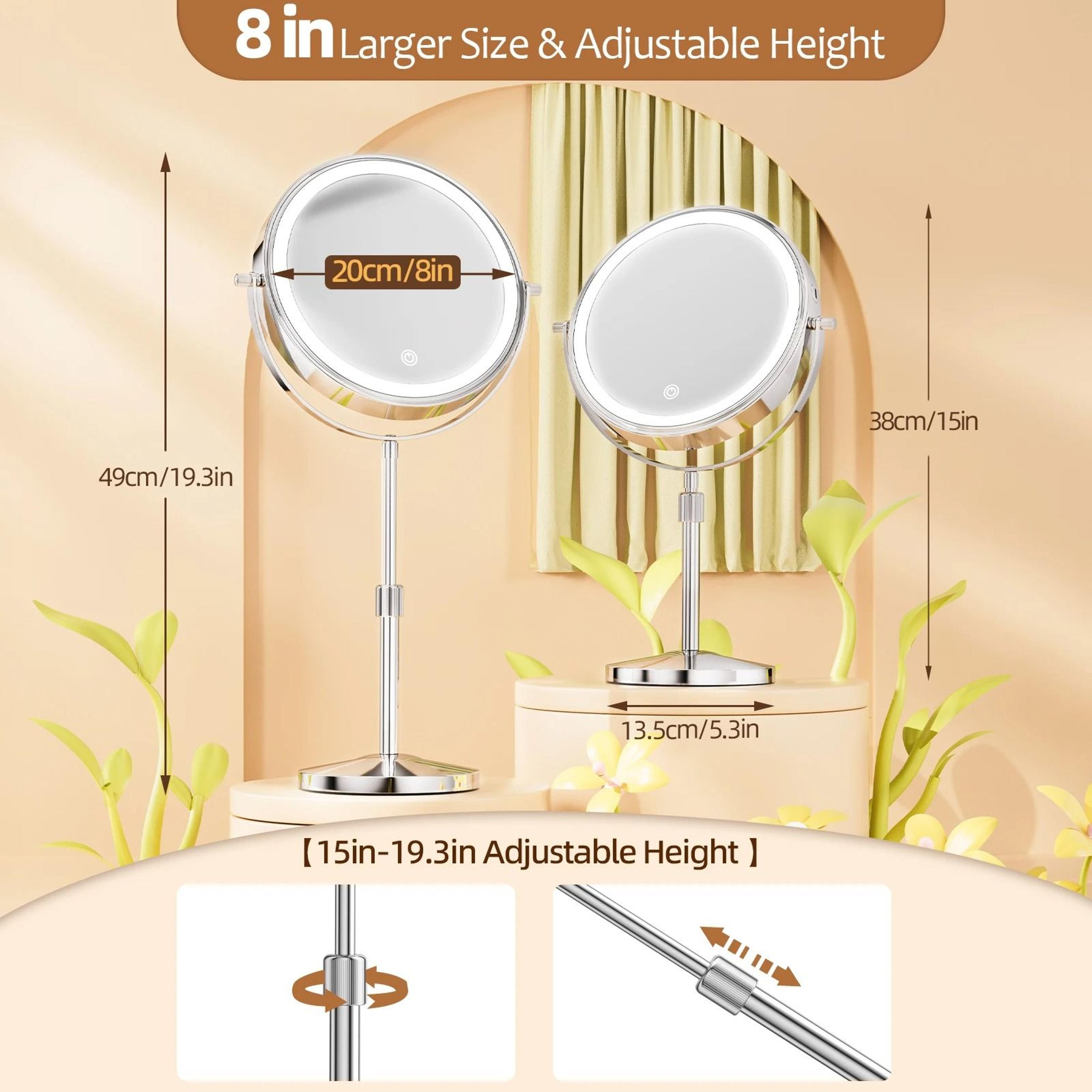 lighted makeup mirror 8 inch with 10x magnification adjustable brightness and three color led lighting