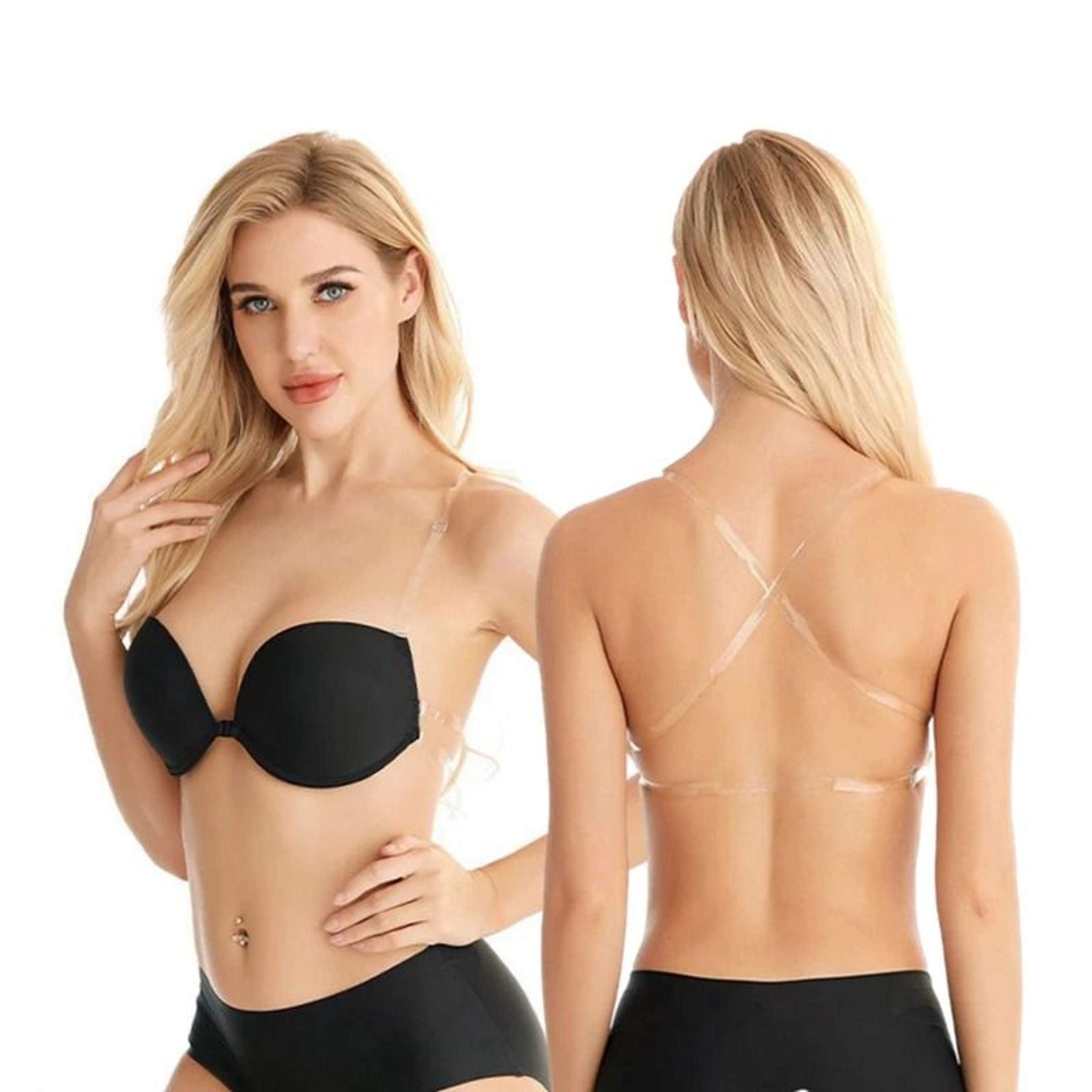 backless front closure push up bra with transparent multiway straps