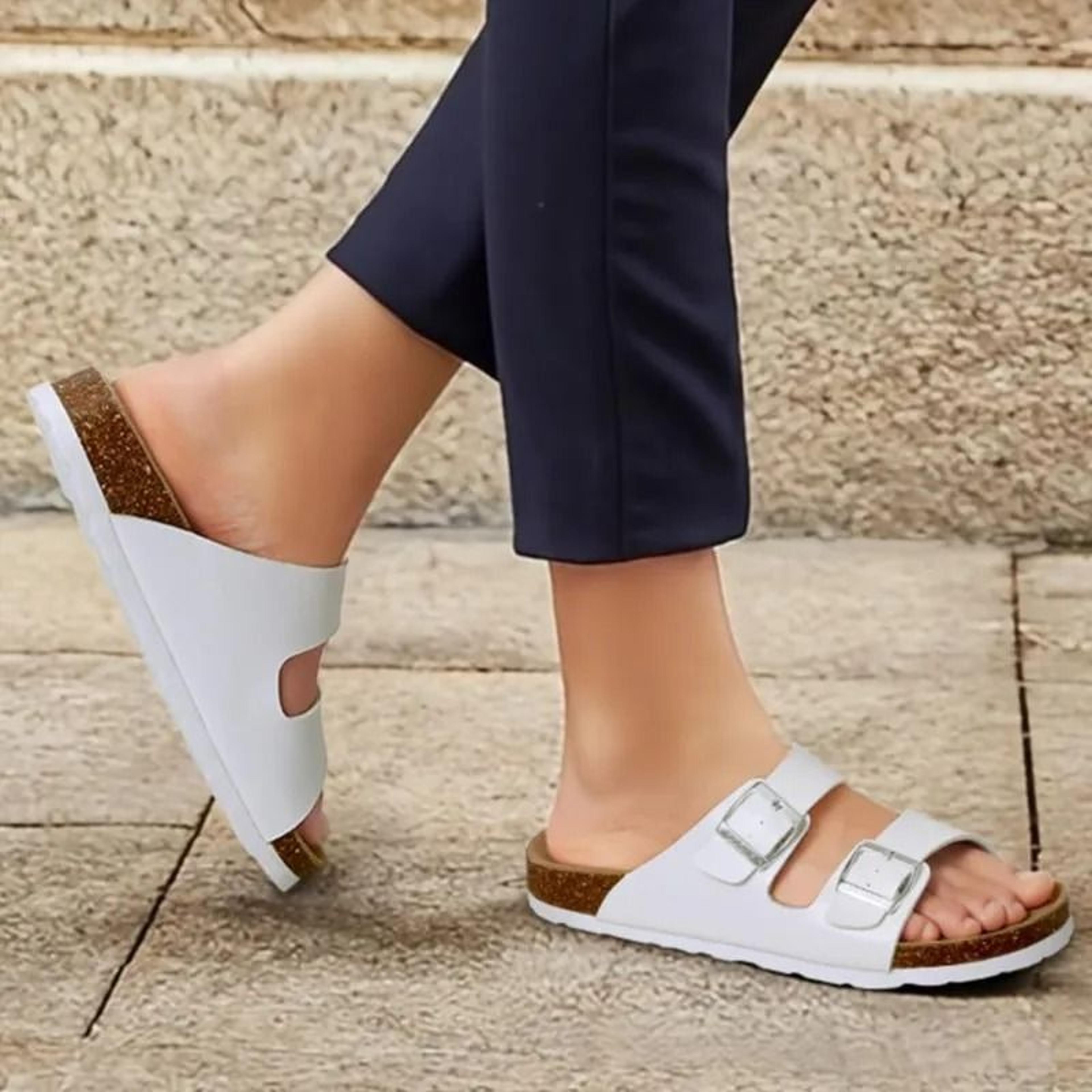 comfort cork footbed buckle sandals women lightweight leather slides