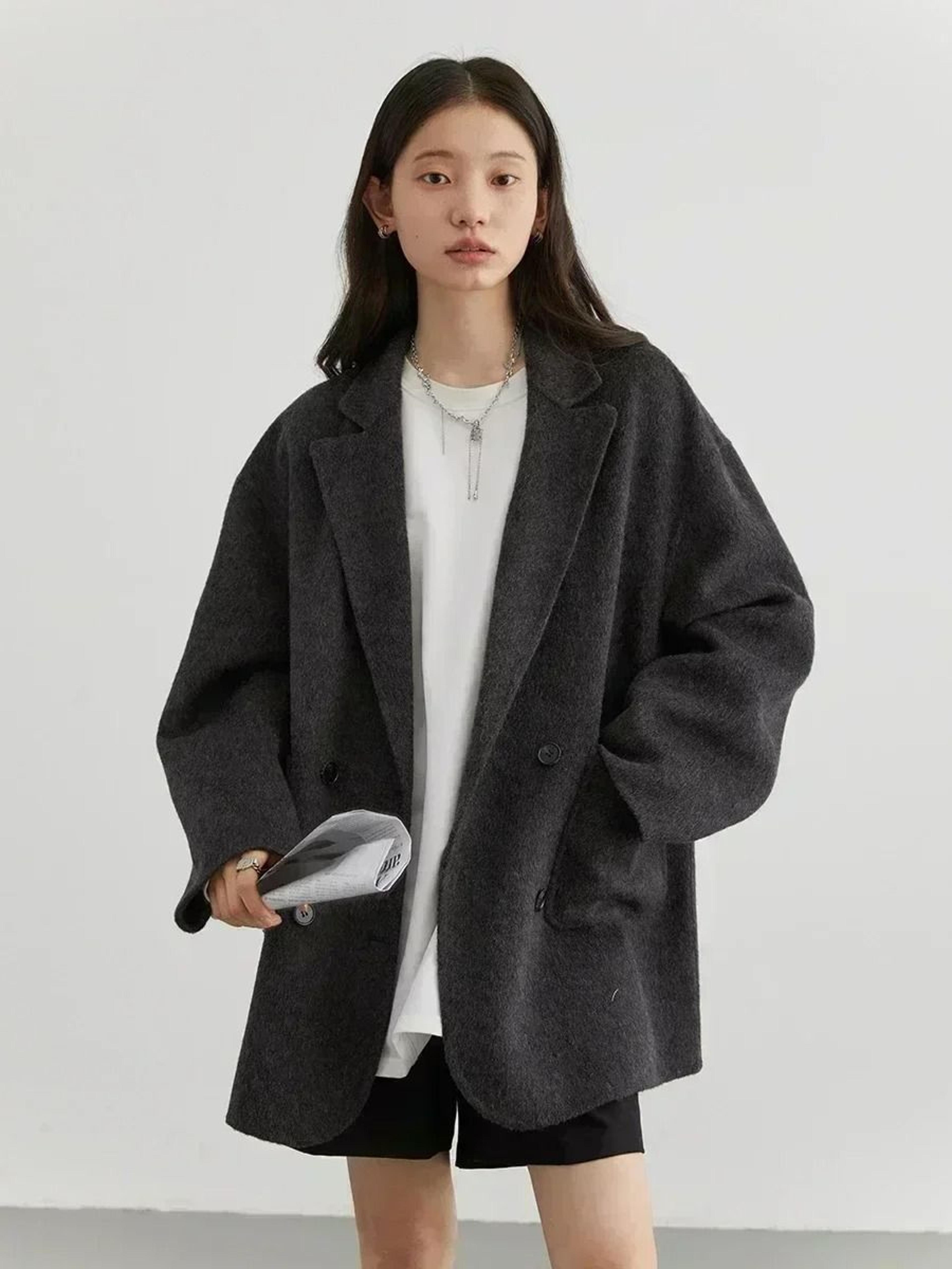 womens woolen double breasted coat loose fit retro style outerwear