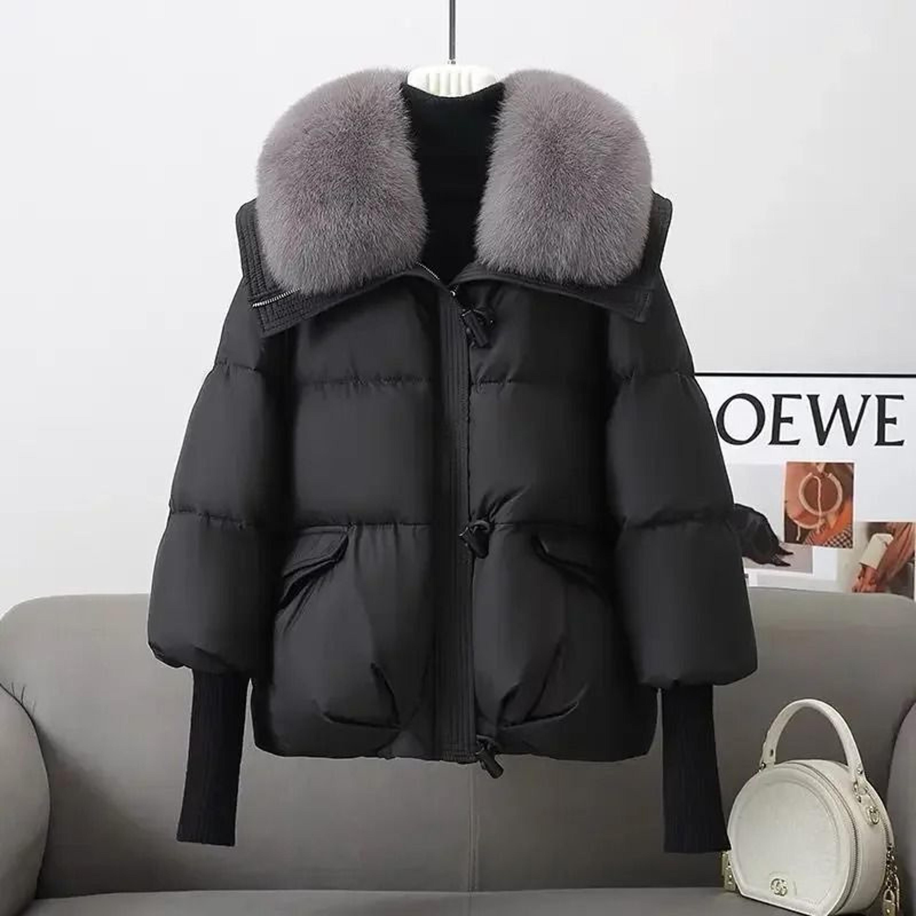 winter down cotton padded jacket with fur collar for women