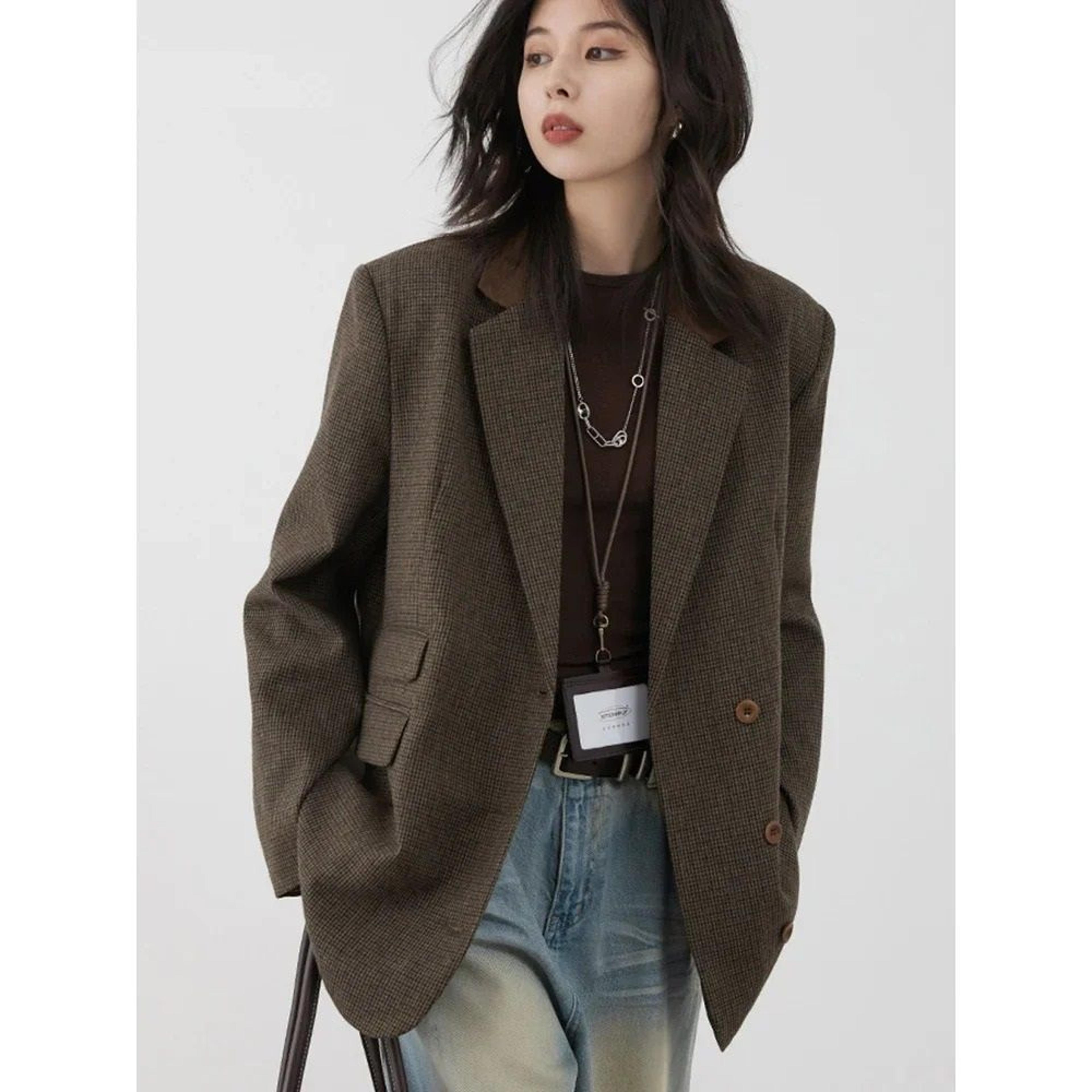 women woolen plaid blazer retro mid length jacket