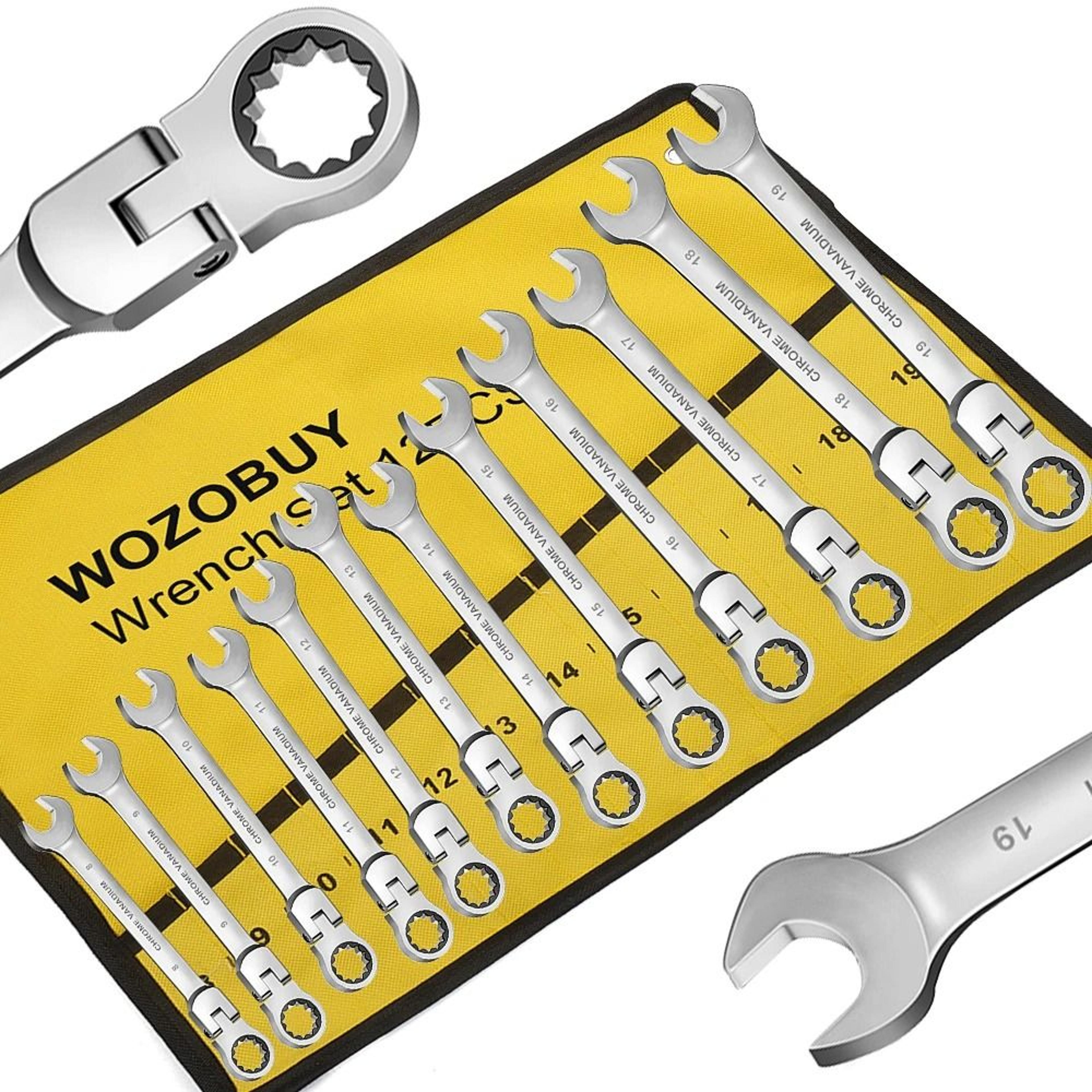ratcheting combination wrench set with flex head and storage bag
