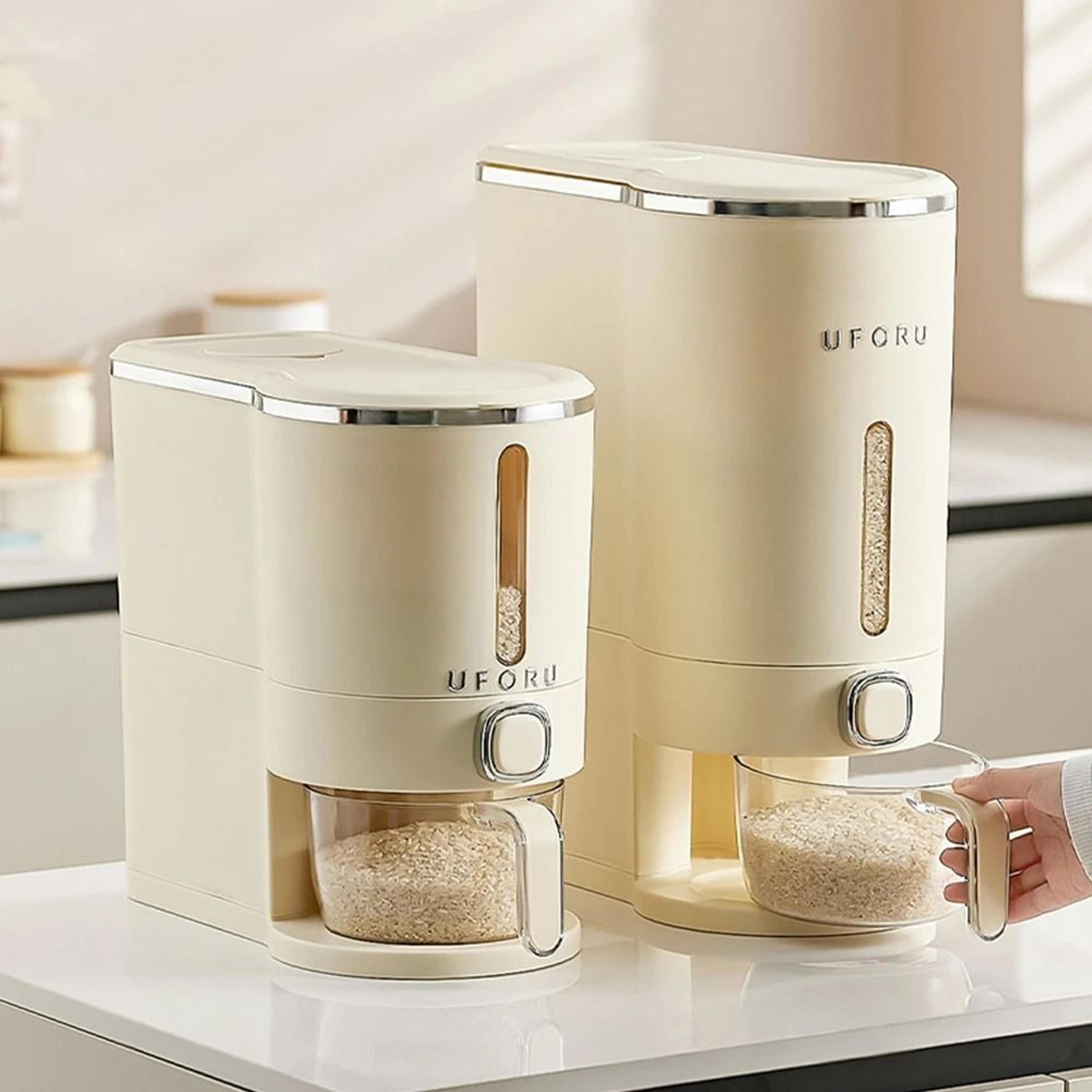sealed rice dispenser with cup for fresh and dry storage