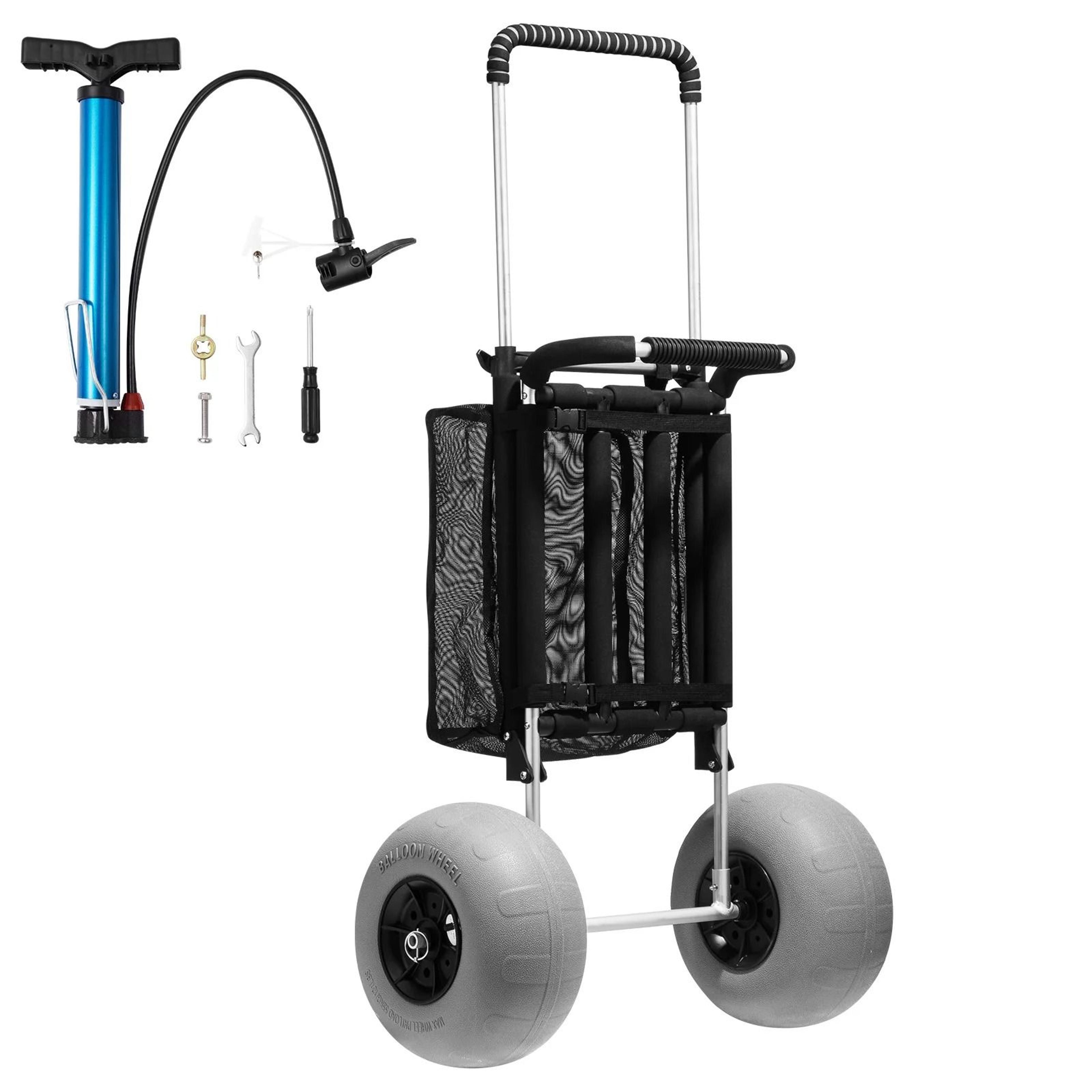 folding beach cart with large balloon wheels and heavy duty cargo deck
