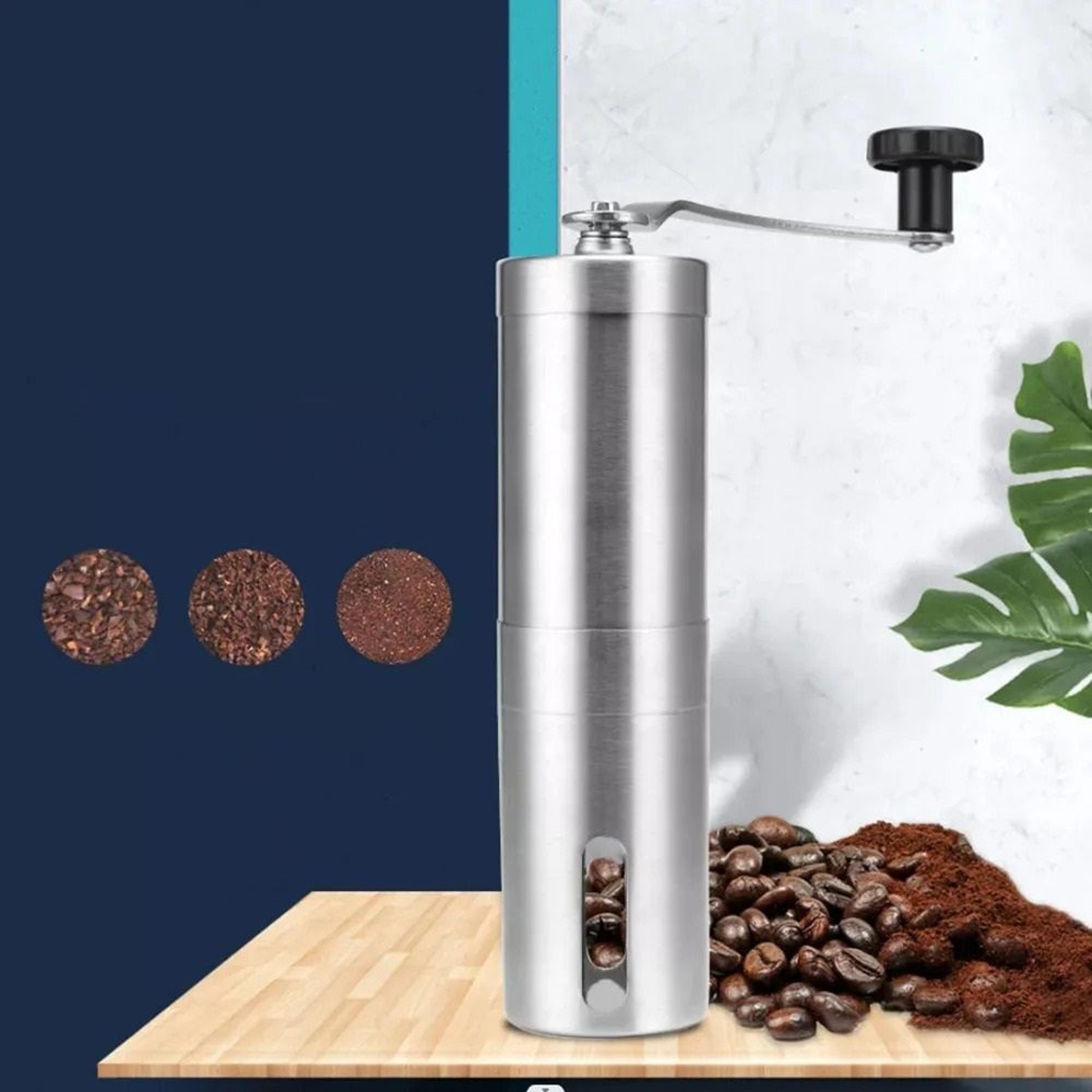 stainless steel manual coffee grinder and milk frother for fresh brewing at home
