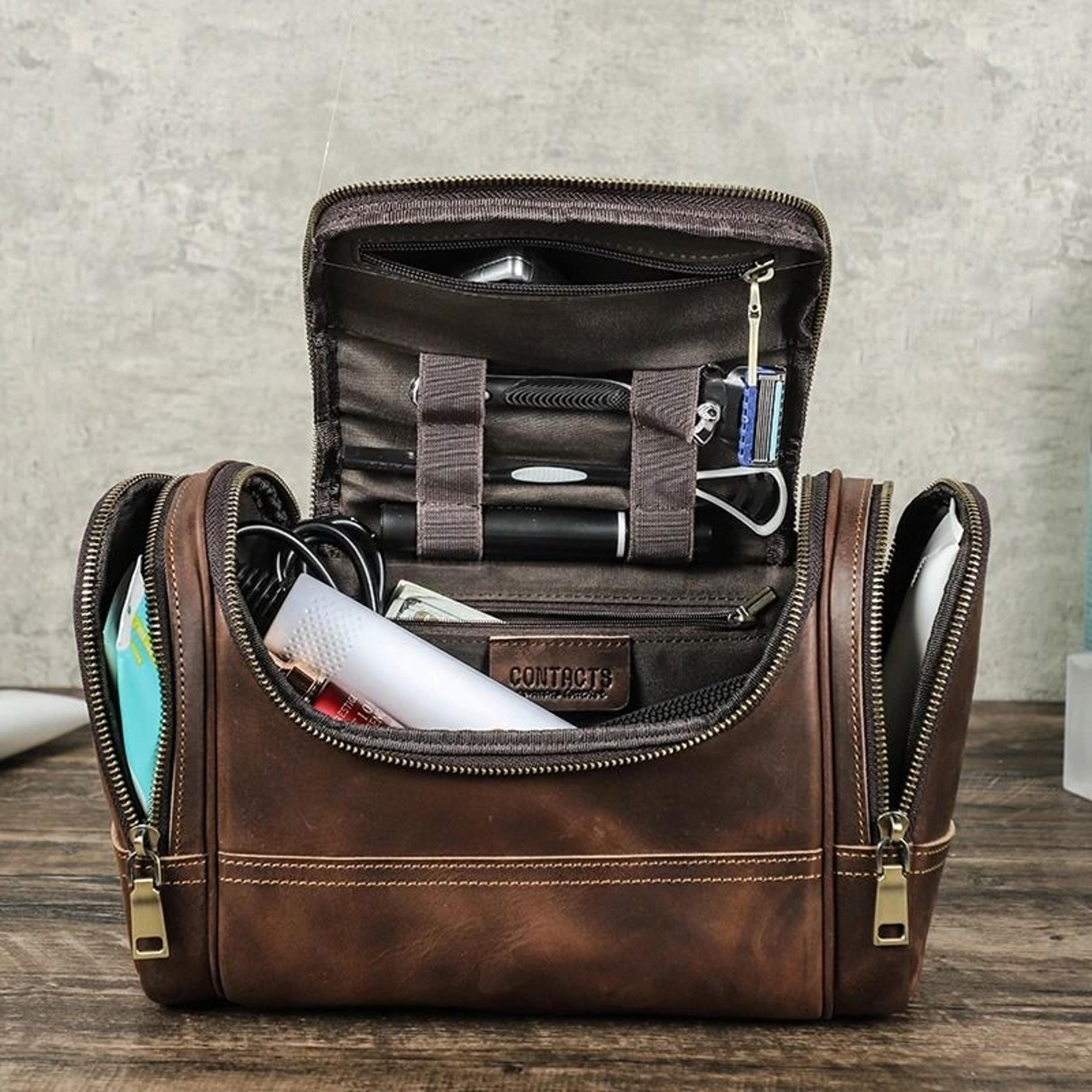 mens business travel leather toiletry bag