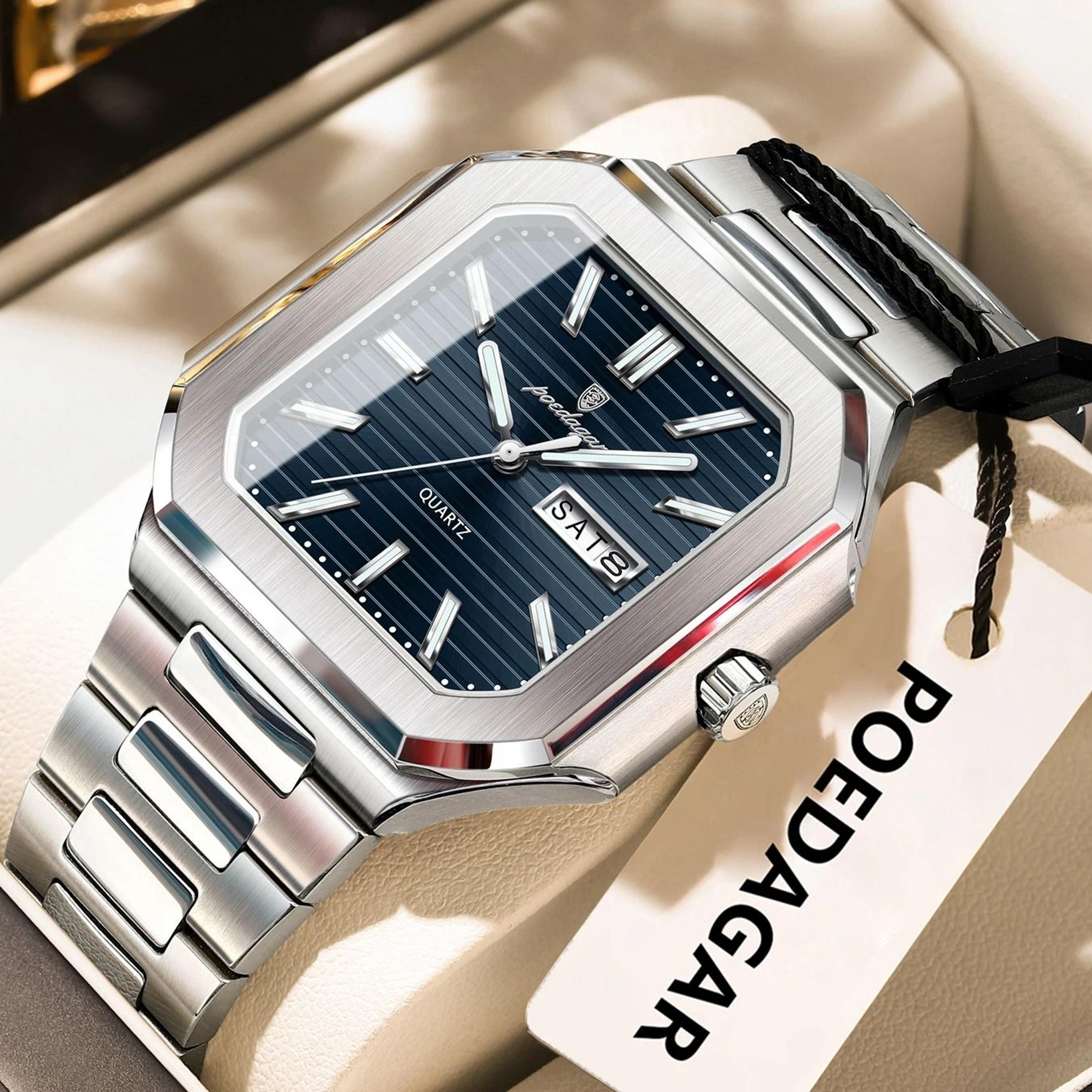 square quartz mens watch with luminous display and date week function
