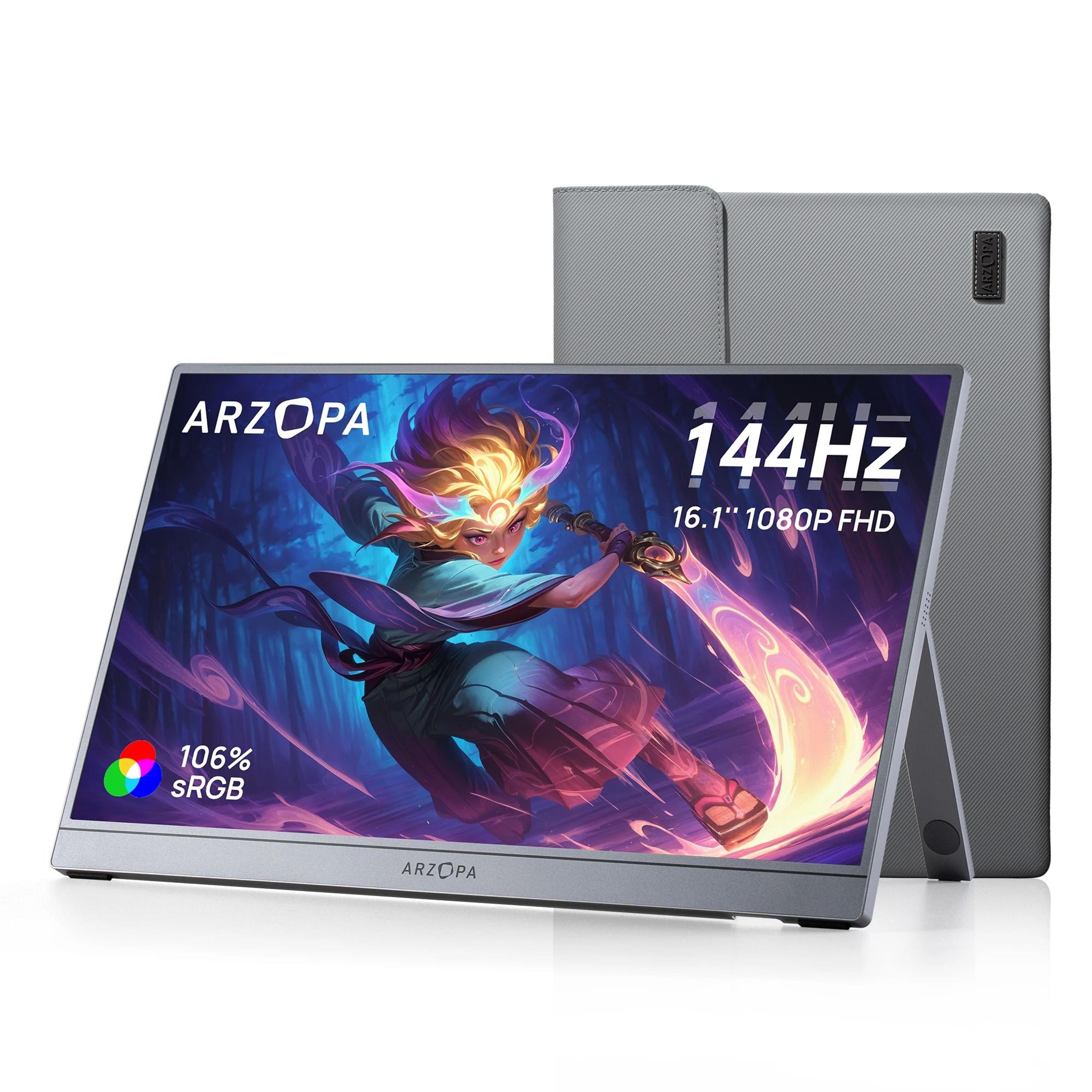 16.1 inch 144hz portable monitor with wide color display and protective sleeve