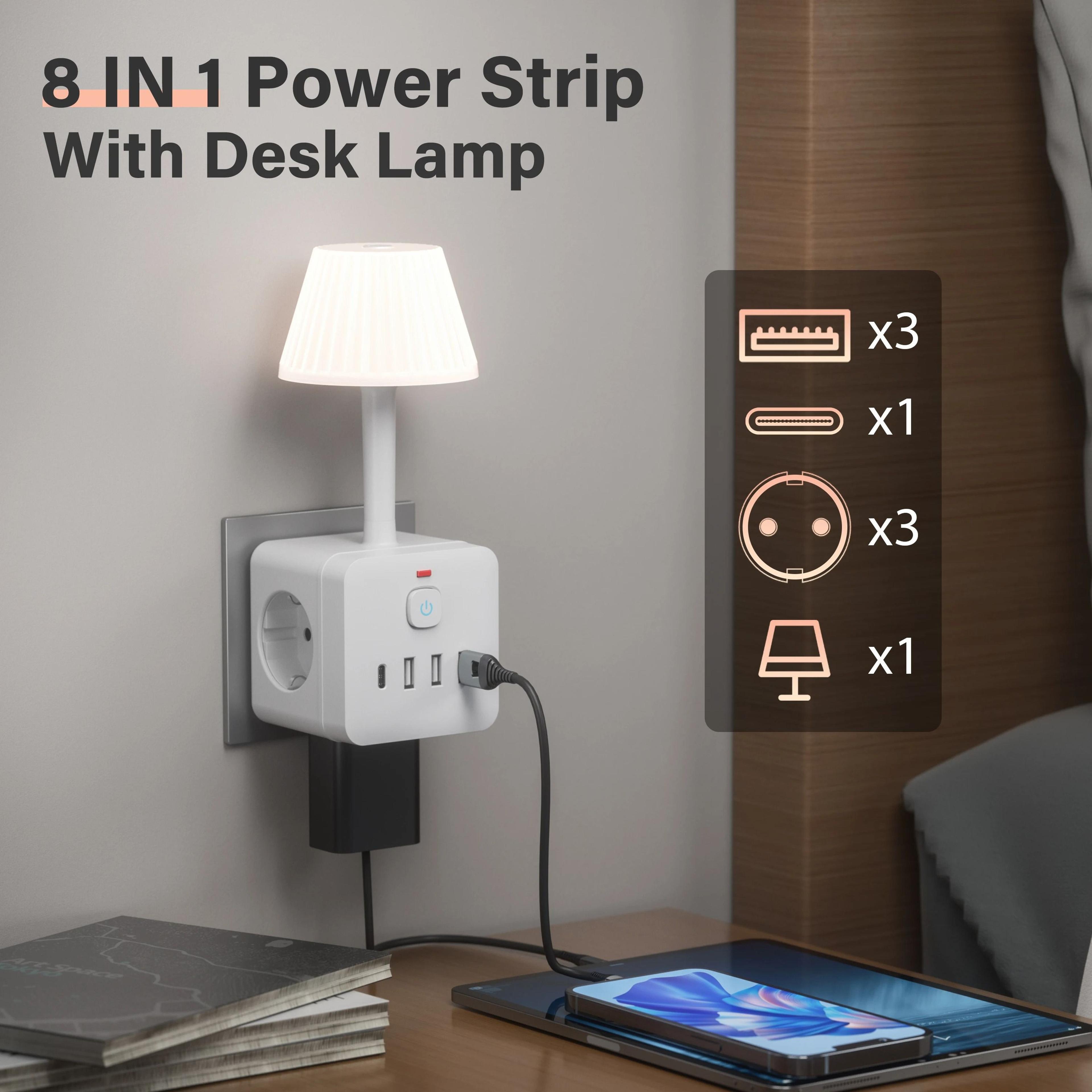 3-outlet desk lamp power strip with usb & type-c ports