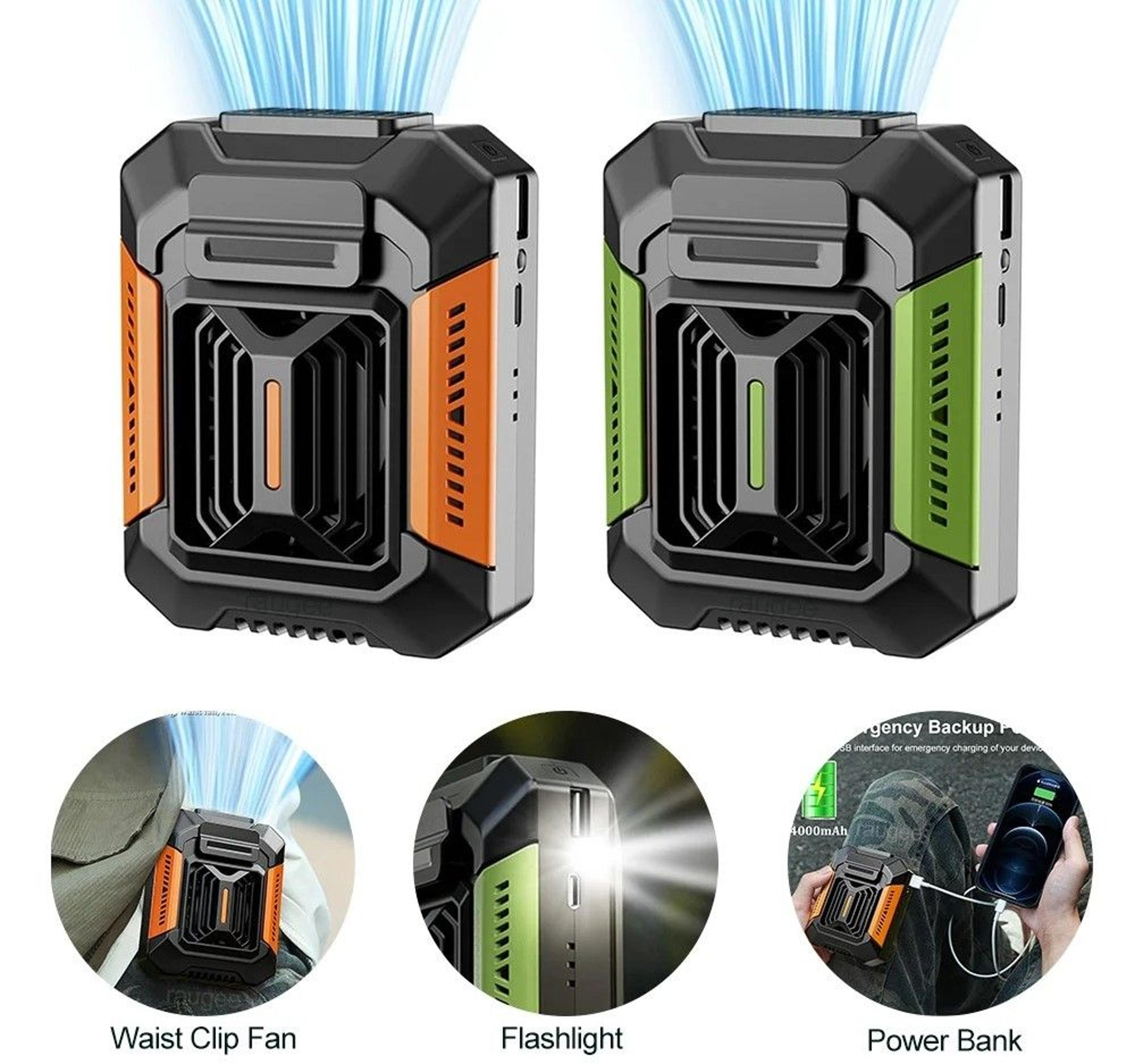 portable waist clip fan with usb rechargeable power bank and led light