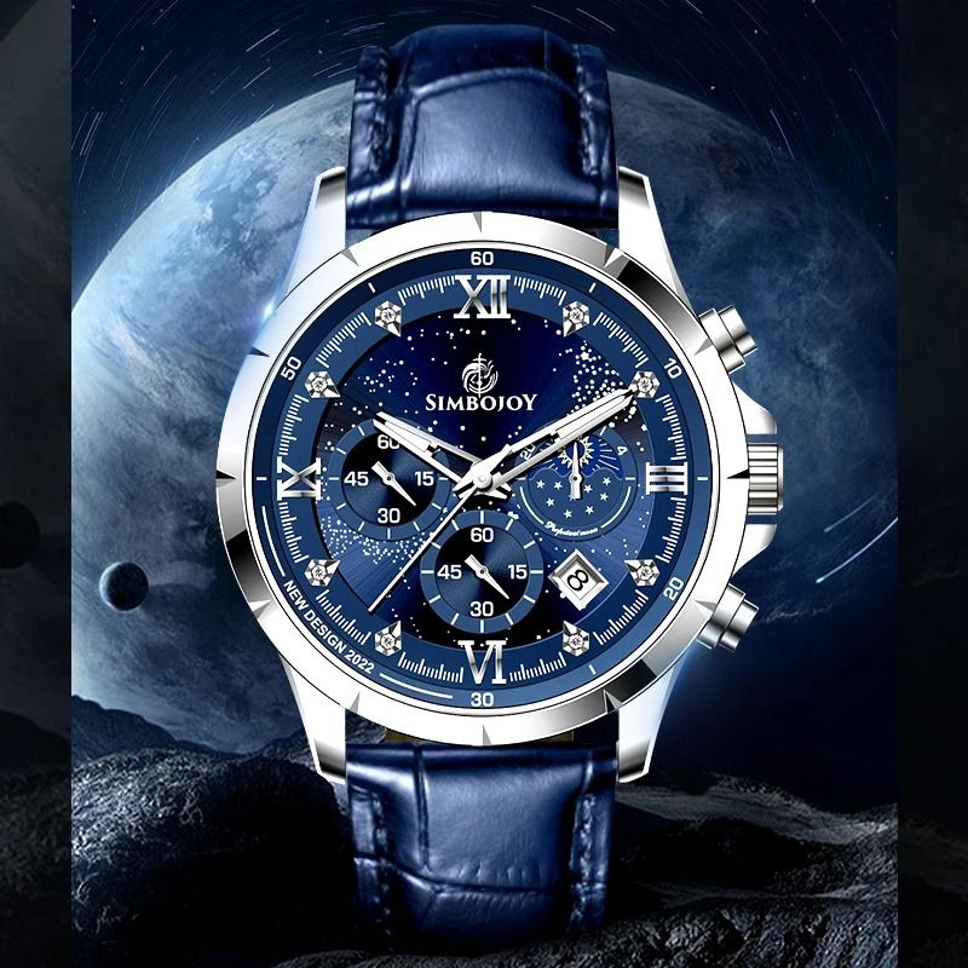 mens six-needle quartz watch with calendar & night light