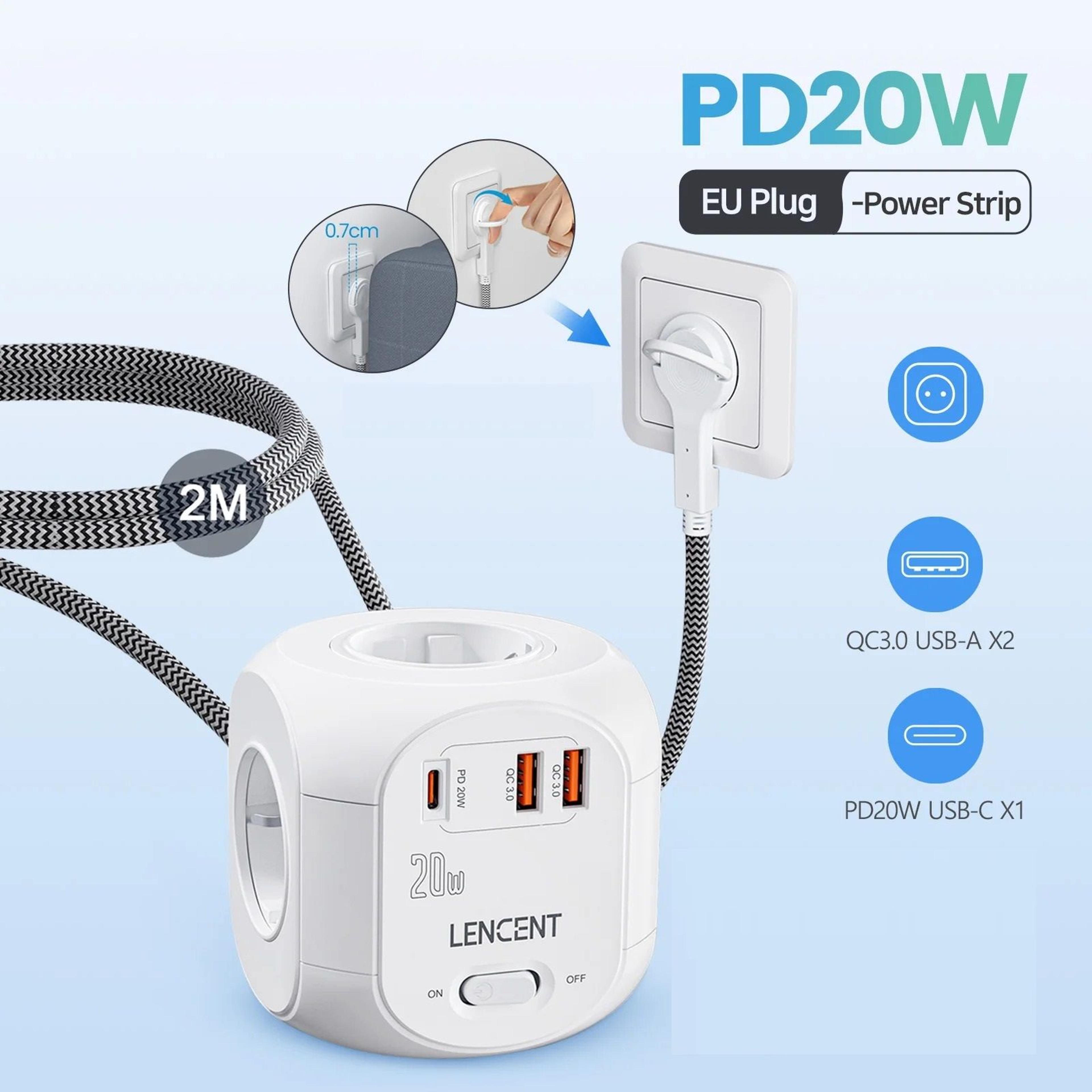 flat eu plug power cube with fast charging & multiple outlets