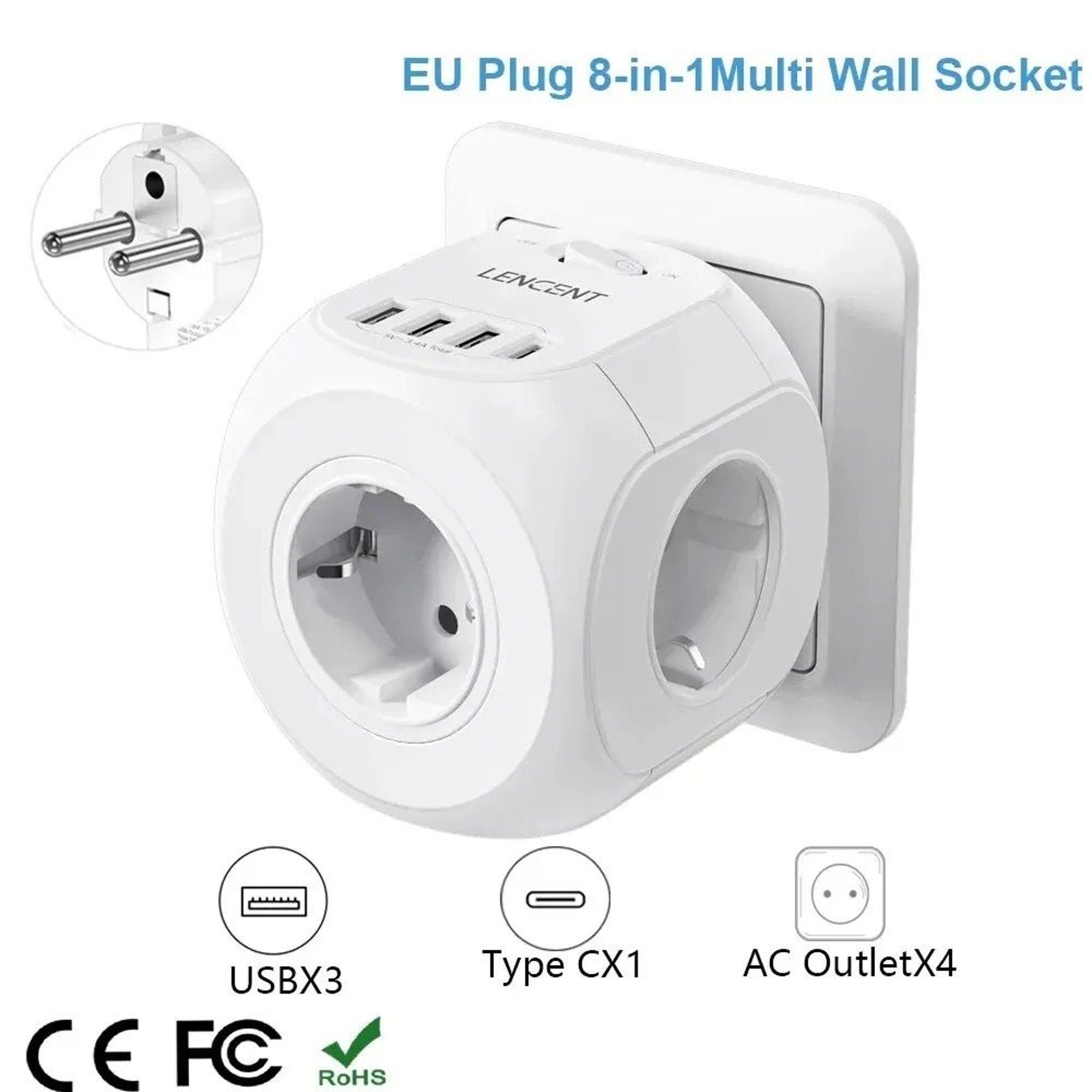 eu plug 8-in-1 socket extender with usb and type c charging