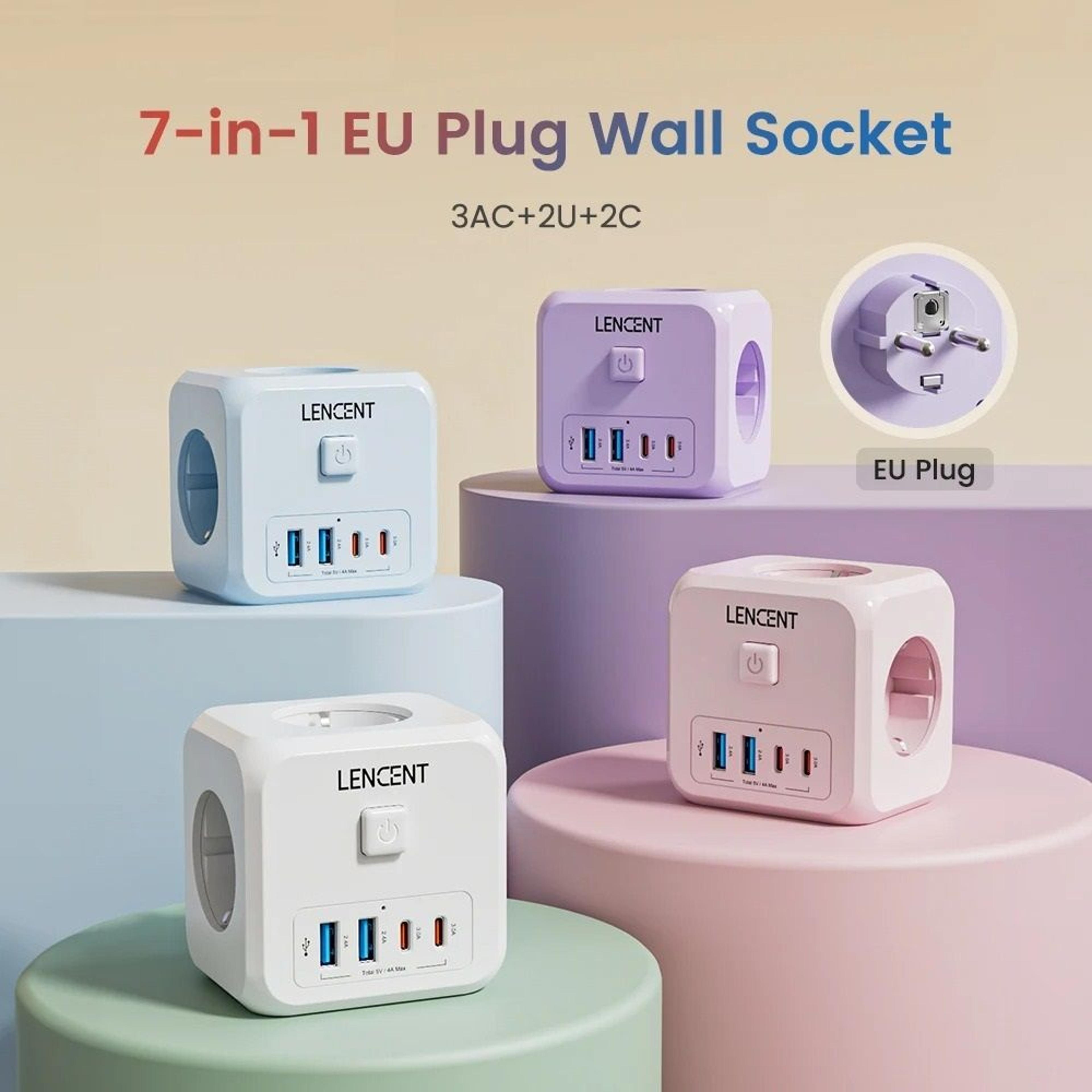 7 in 1 eu plug wall socket extender with usb a and usb c ports