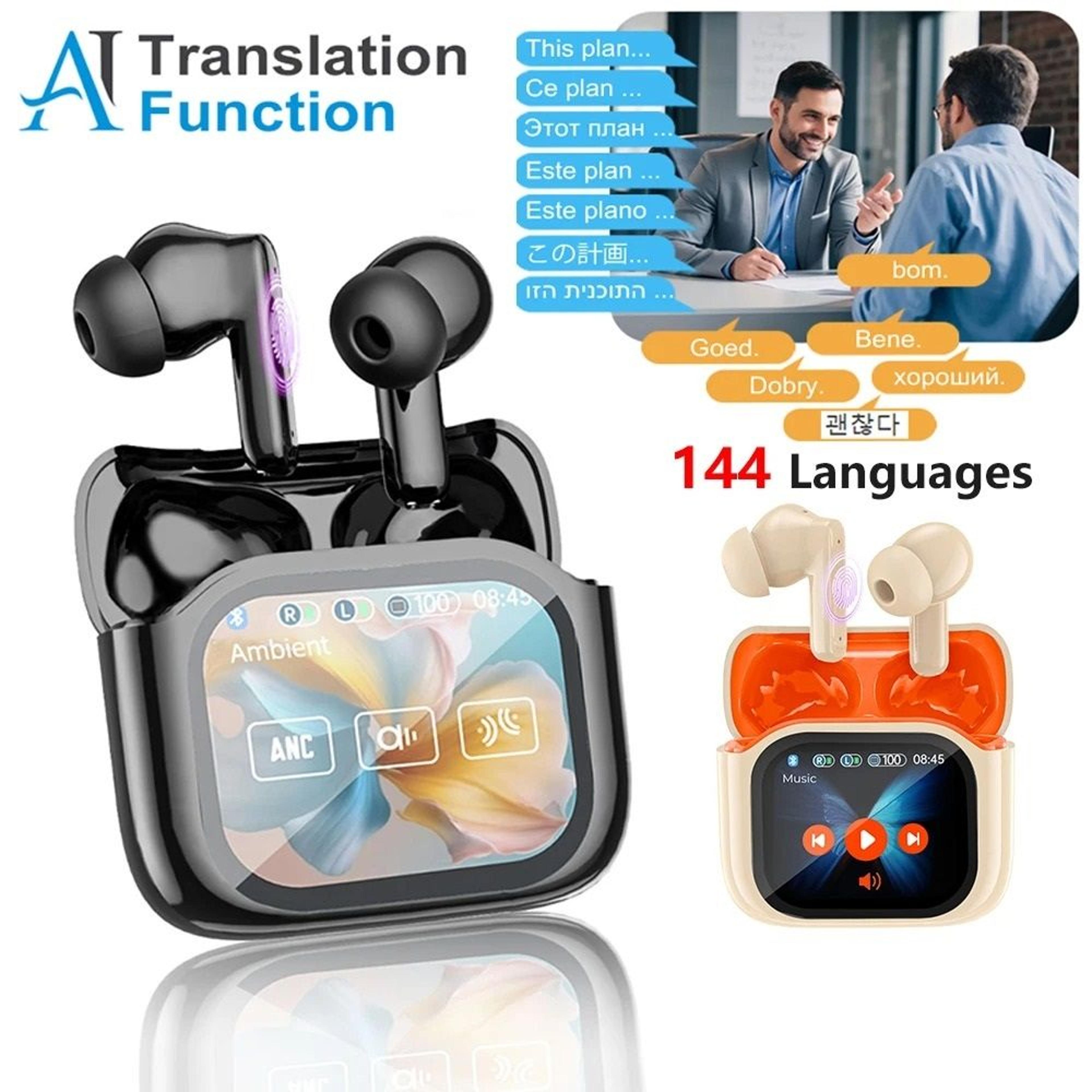 real time translation earbuds with touch screen and noise cancelling microphone