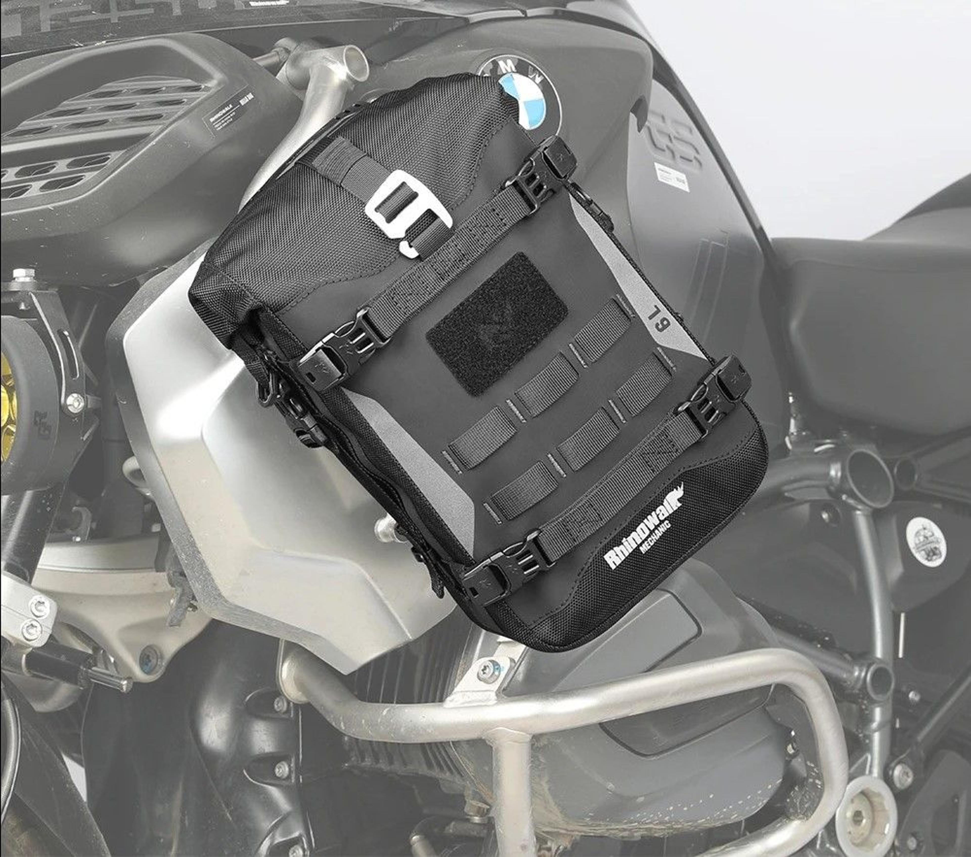 waterproof motorcycle side frame storage bag with internal support and large capacity