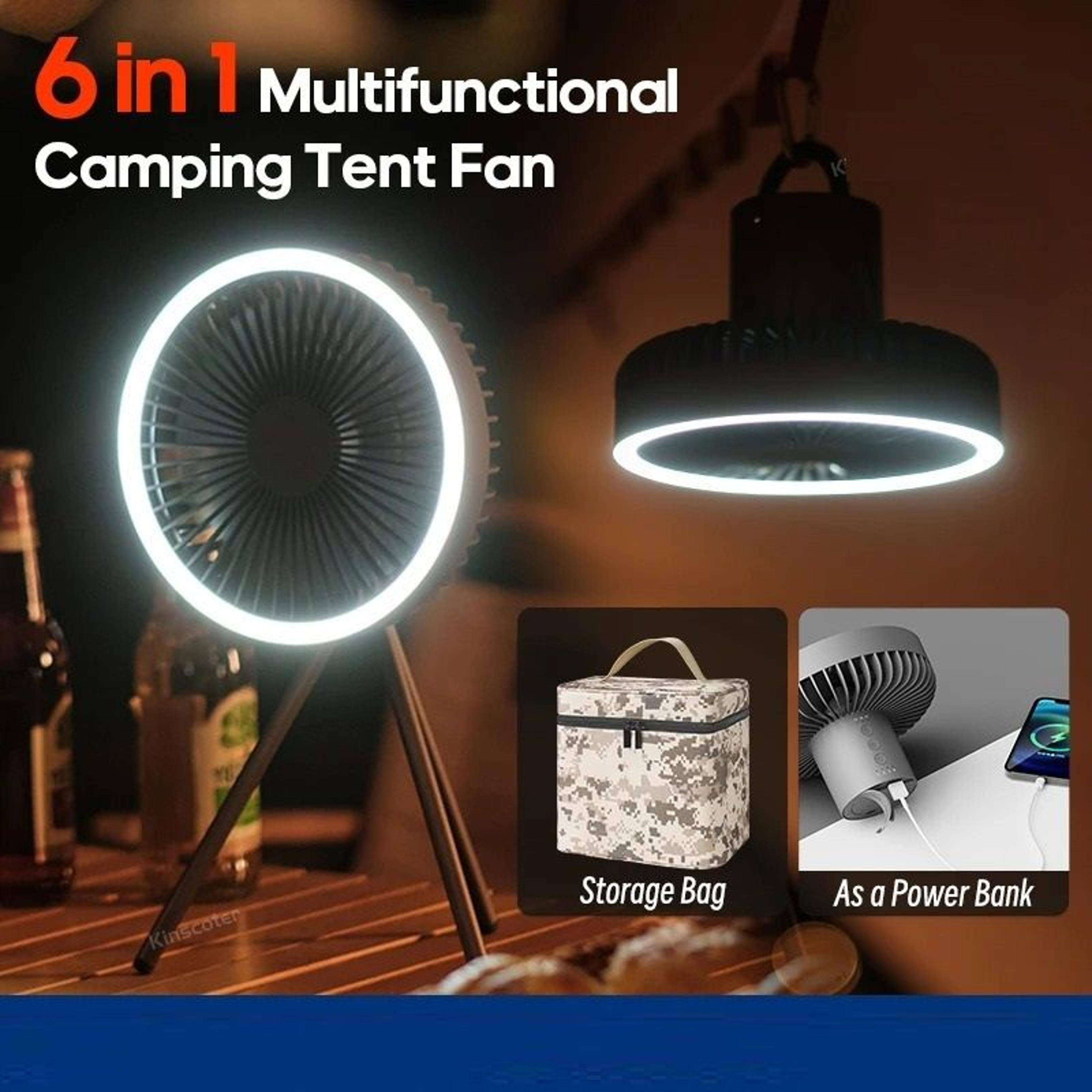 portable camping fan with power bank led light and tripod stand