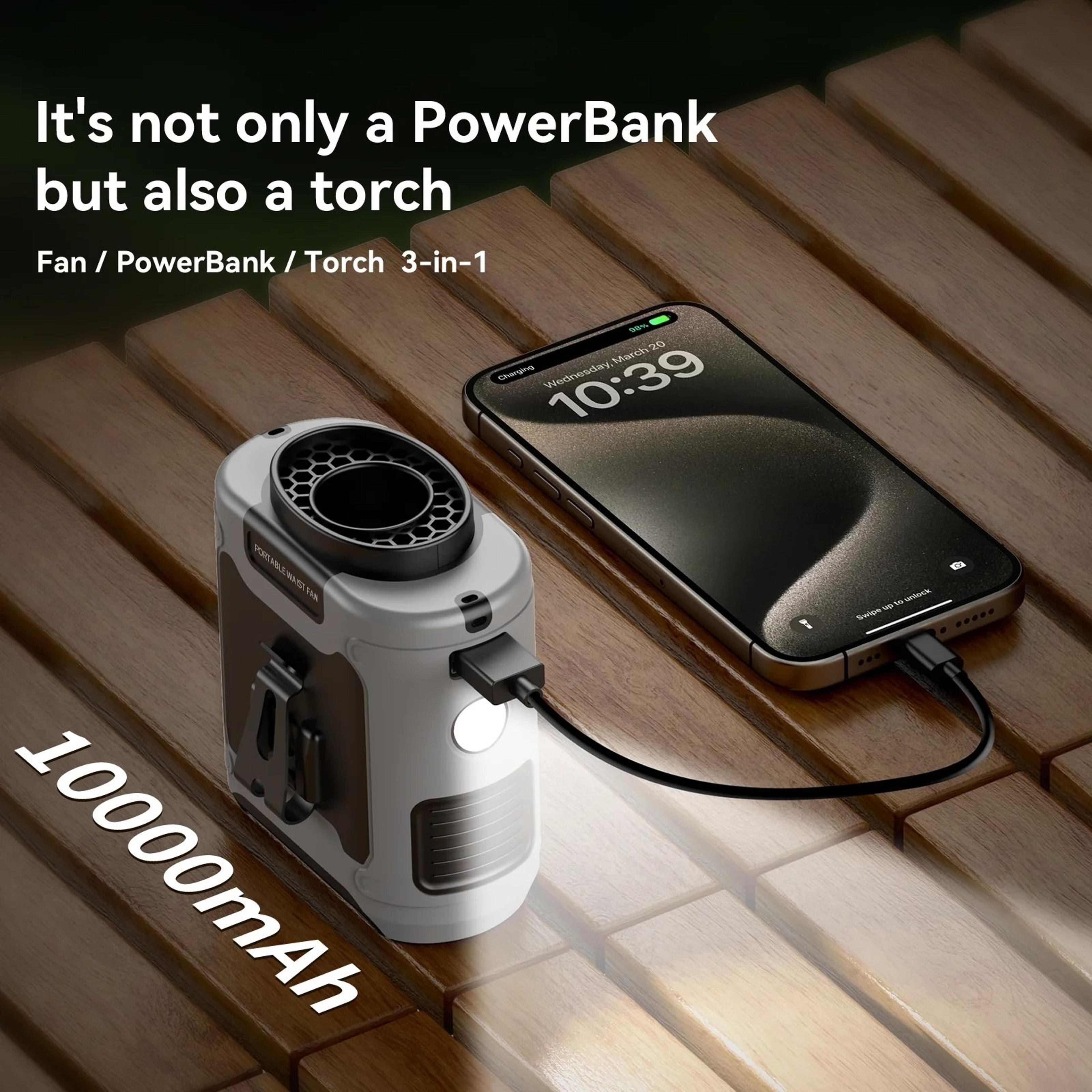 portable waist / neck fan with power bank & led light